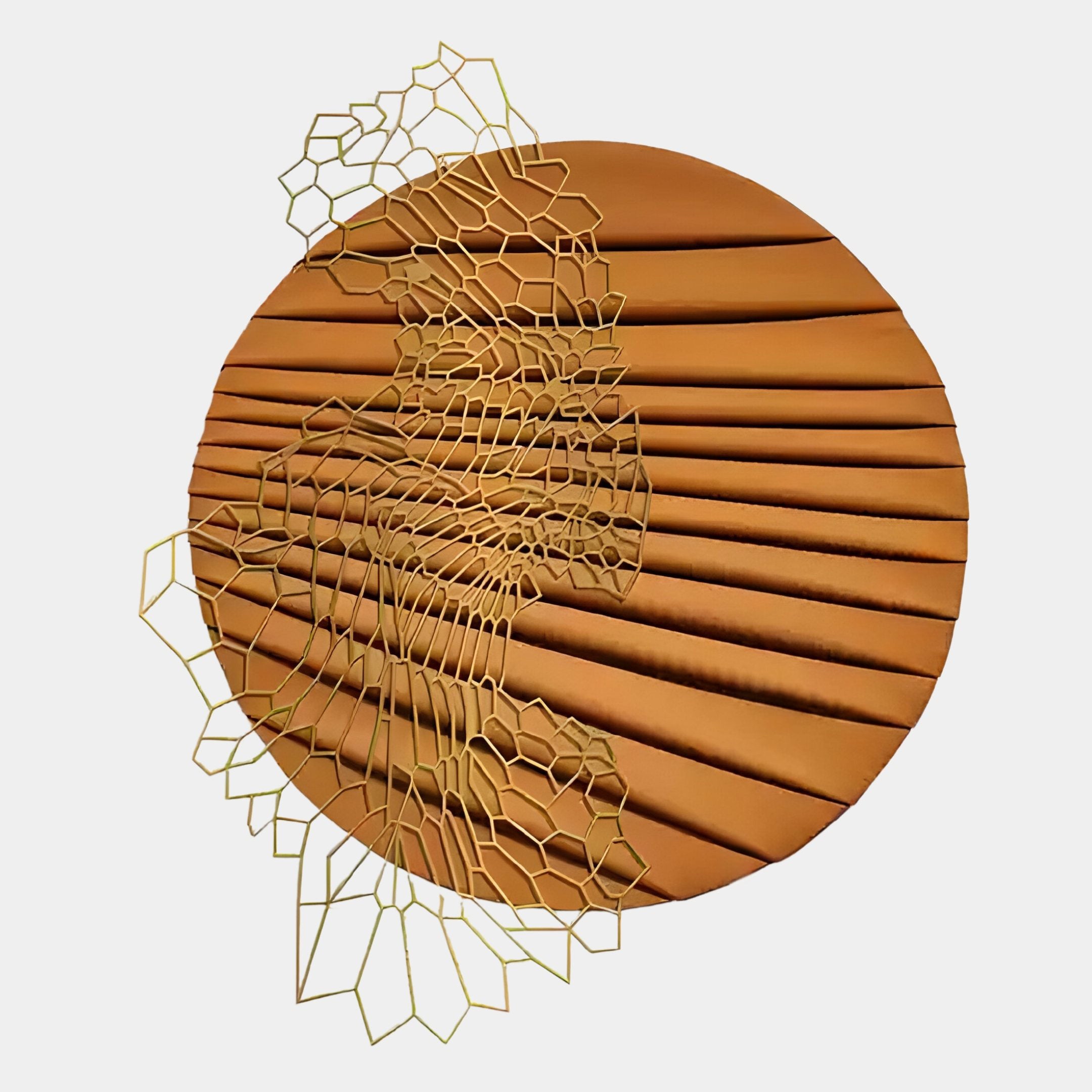 The Auramesh Sunset Orange-II Metal Winged Circular Geometric Wall Art by Giant Sculptures features pleated bronze texture, an abstract gold pattern extending beyond the circle, and Sunset Orange accents for a modern look.