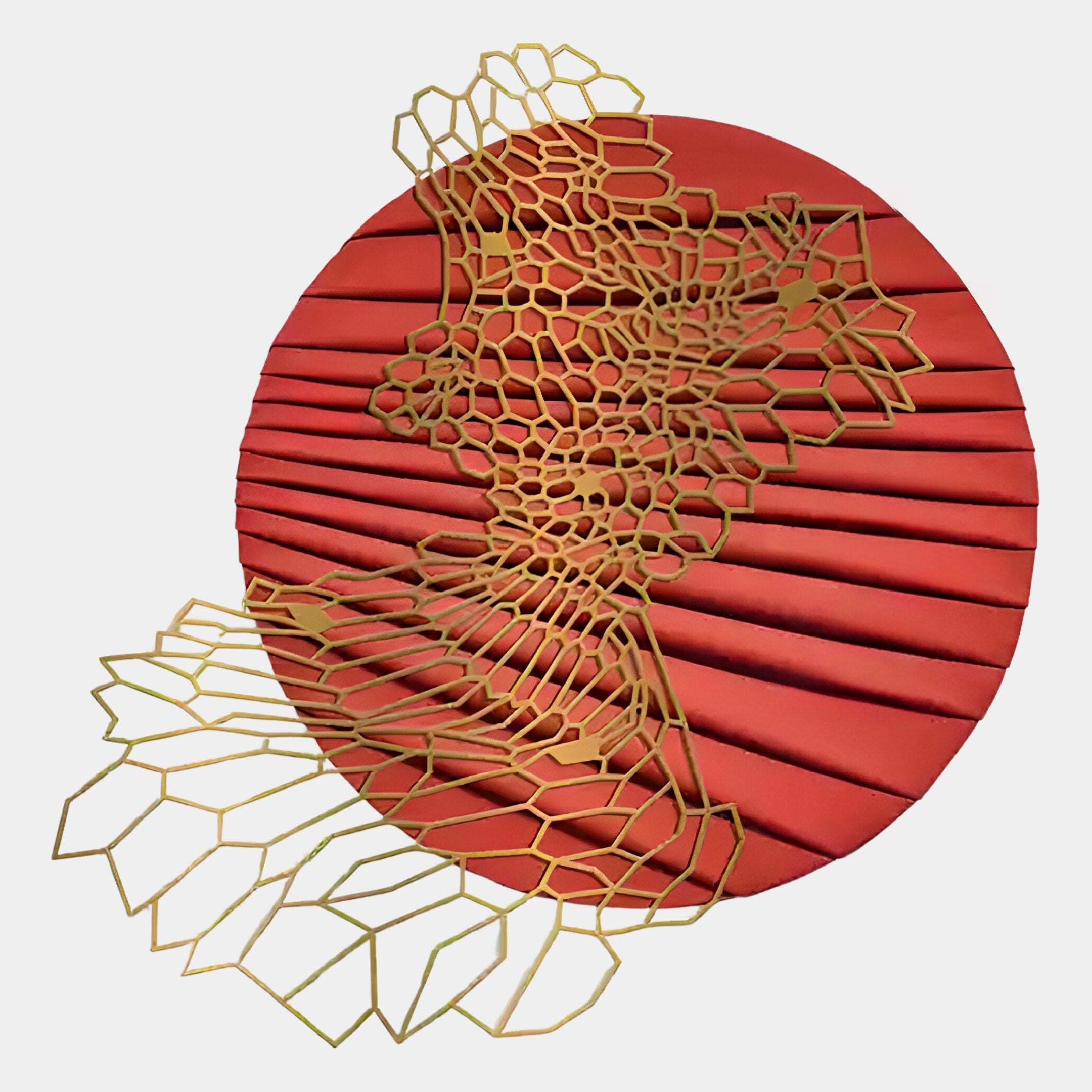 The Auramesh Crimson-I Metal Winged Circular Geometric Wall Art by Giant Sculptures features a round red form with pleated sections and a gold geometric face profile, with gold shapes extending beyond the circle—ideal for modern homes.