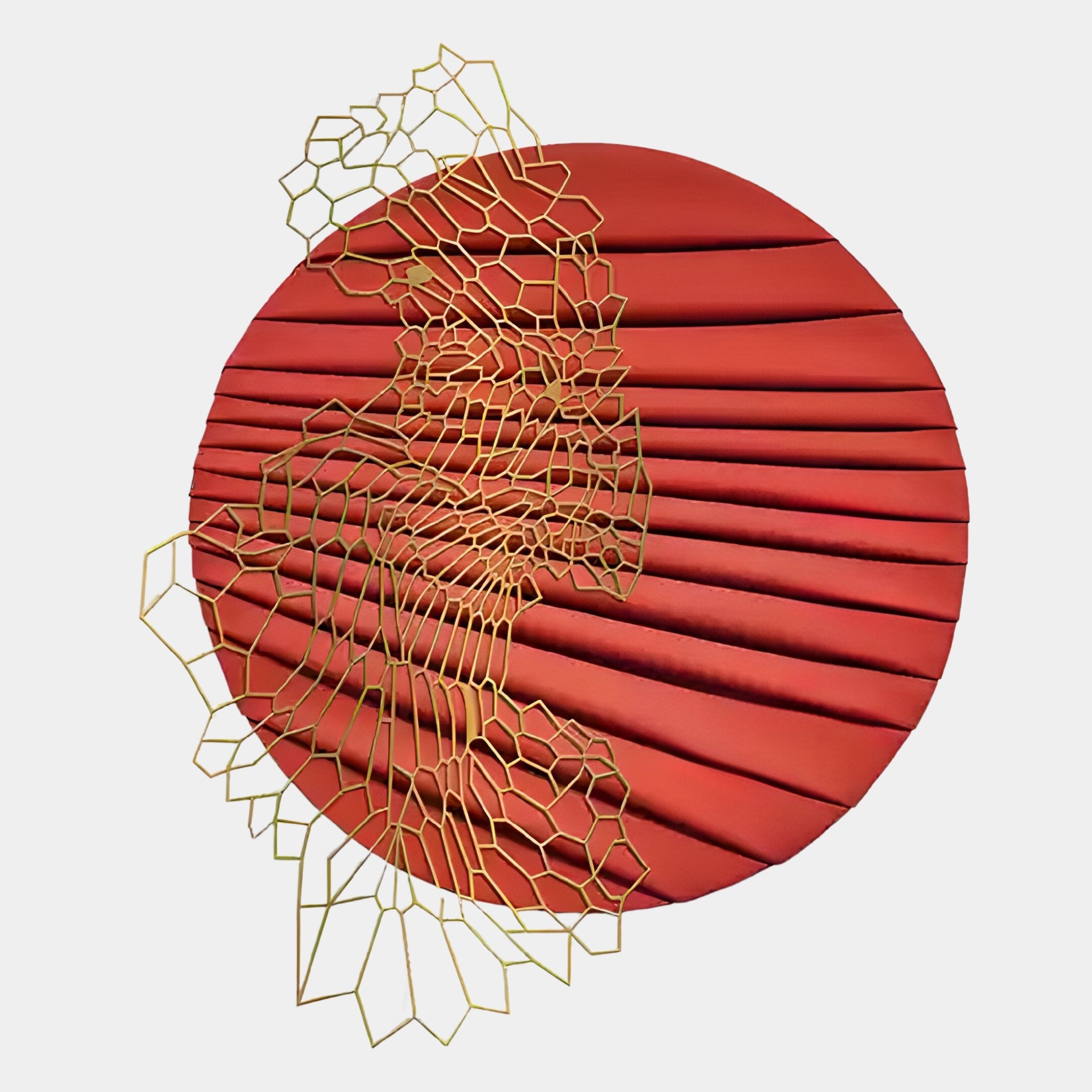 The Auramesh Crimson-II Metal Winged Circular Geometric Wall Art by Giant Sculptures features a red pleated circle with gold geometric and wing accents, creating a bold focal point for modern interiors.