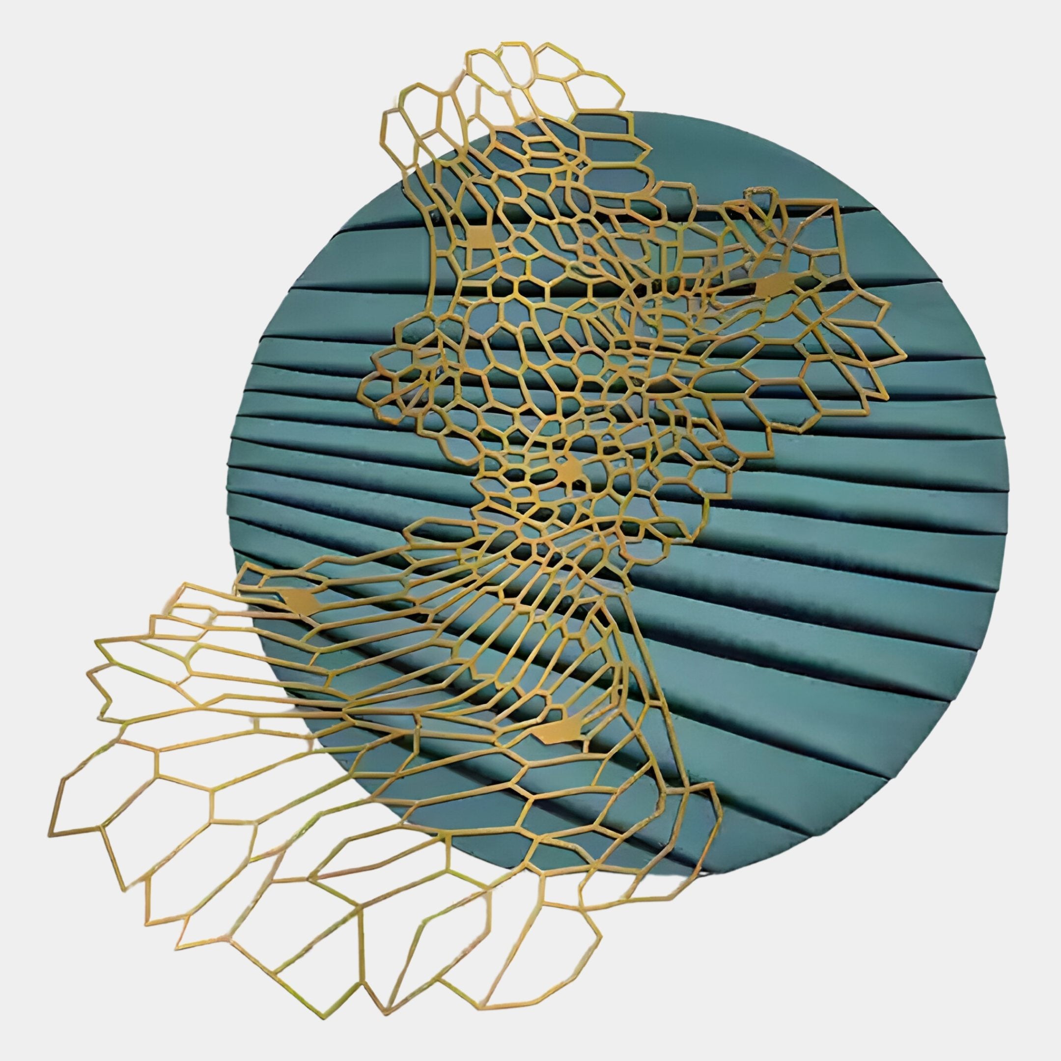 The Auramesh Teal Blue-I Metal Winged Circular Geometric Wall Art by Giant Sculptures features pleated fabric with an intricate gold geometric metal overlay, extending elegantly beyond the round teal blue surface.