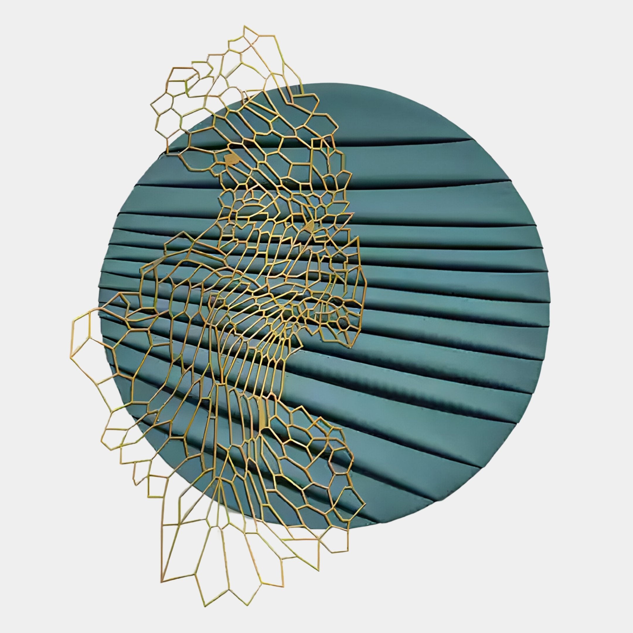 The Auramesh Teal Blue-II Metal Winged Circular Geometric Wall Art by Giant Sculptures features a round, pleated teal blue design with an abstract gold metal mesh overlay for striking, modern wall decor.