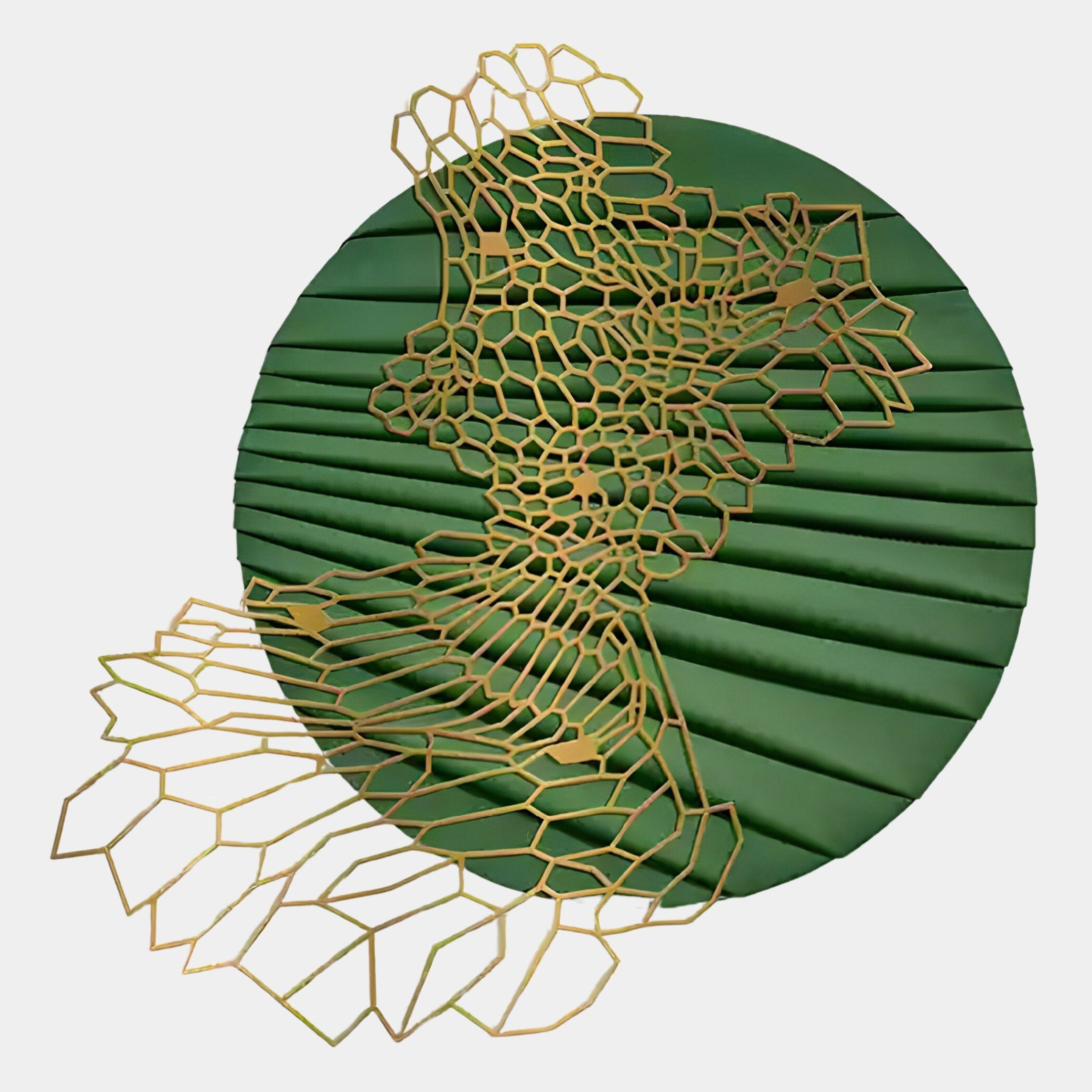 The Auramesh Forest Green-I Metal Winged Circular Geometric Wall Art by Giant Sculptures features a pleated forest green circle overlaid with an intricate gold mesh lattice that extends beyond one edge, creating an elegant focal point.