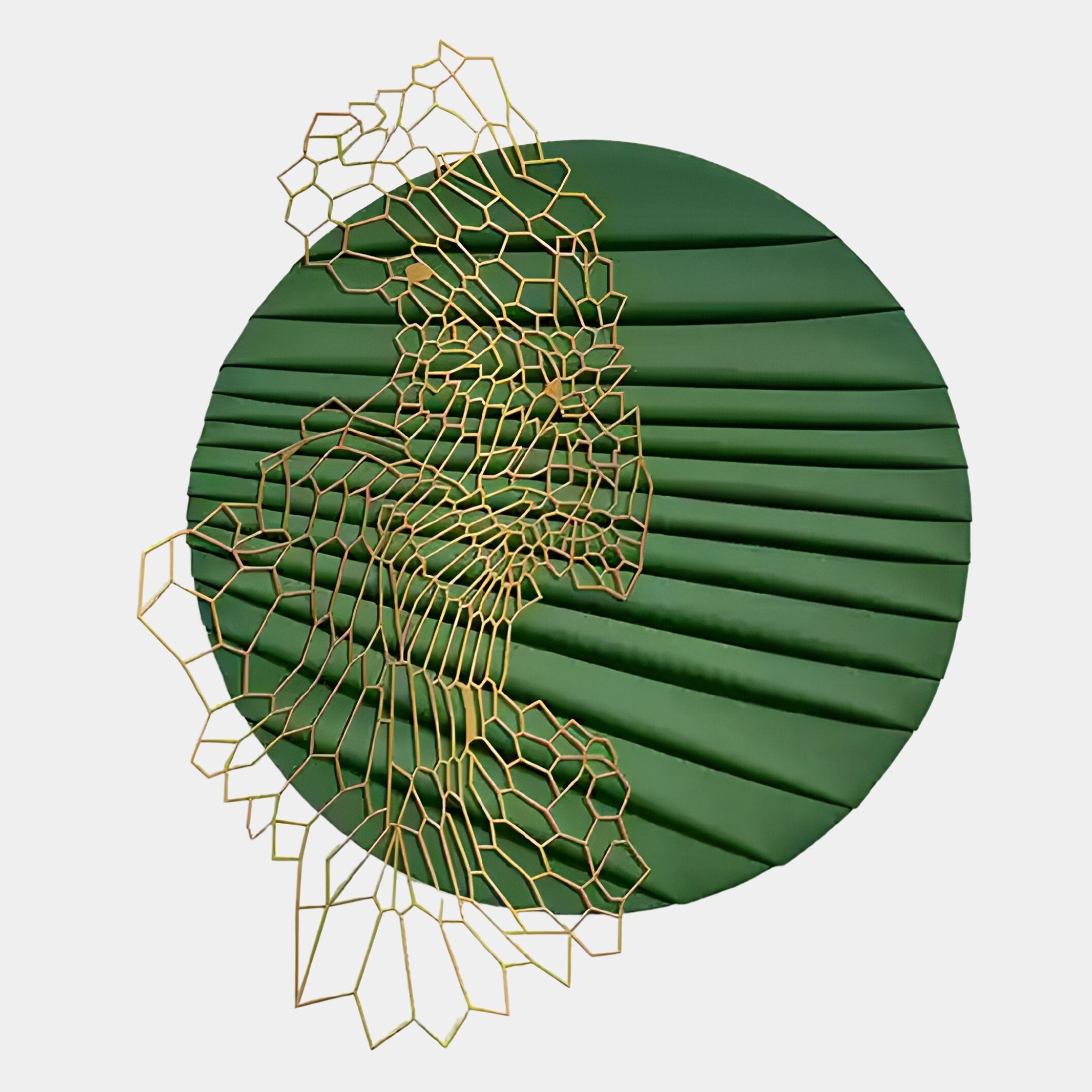 The Auramesh Forest Green-II Metal Winged Circular Geometric Wall Art by Giant Sculptures features a pleated green circle partially covered by an irregular gold honeycomb mesh, set against a white background—a striking modern decor piece.