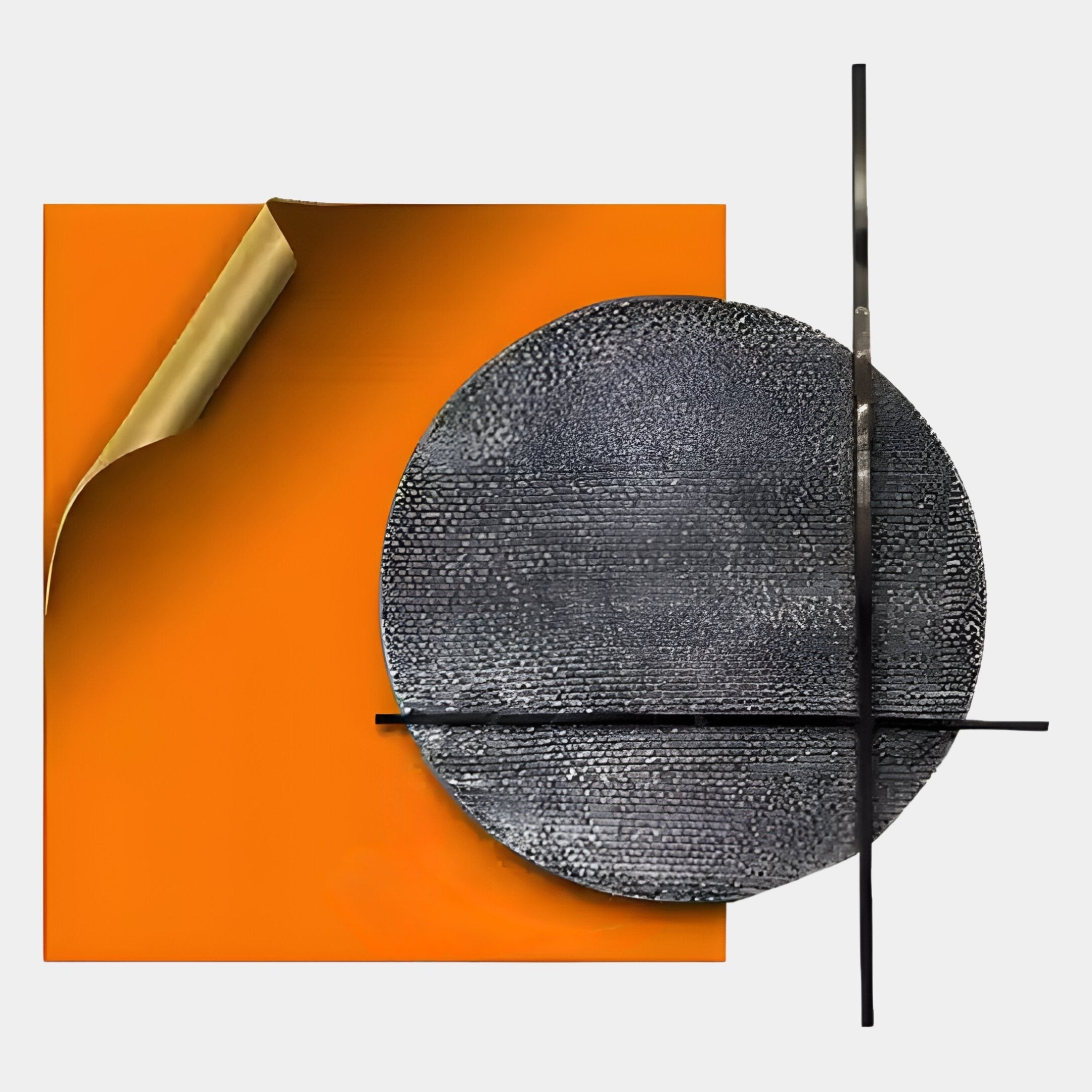 Elevate your space with Giant Sculptures Tesselle Orange Metal Fold & Grey Textured Geometric Wall Art, featuring an orange square with a gold curled corner, bold black circle, and intersecting lines—perfect for modern decor.