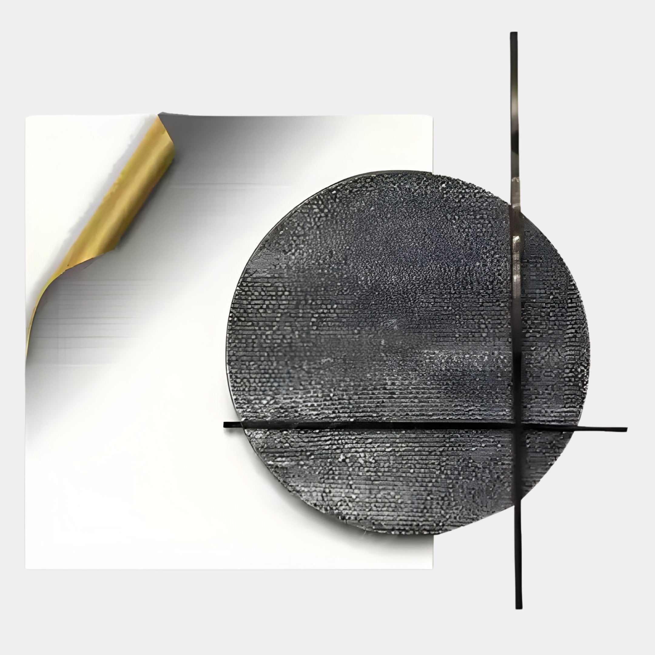 The Tesselle White Metal Fold & Grey Textured Geometric Wall Art by Giant Sculptures features a curled golden-corner square, textured black circle, and intersecting lines—ideal for modern, minimalist spaces.