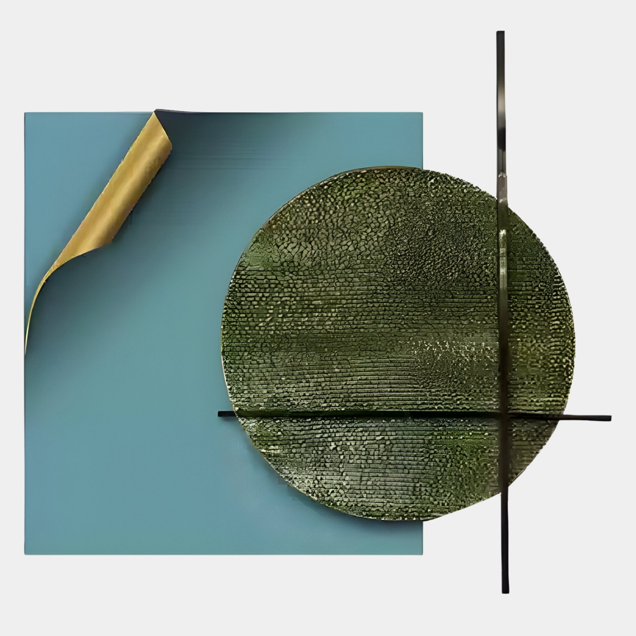 The Tesselle Blue Metal Fold & Green Textured Geometric Wall Art by Giant Sculptures features a textured green circle, intersecting black lines, and a teal square with a gold fold—ideal for adding modern style to contemporary living spaces.
