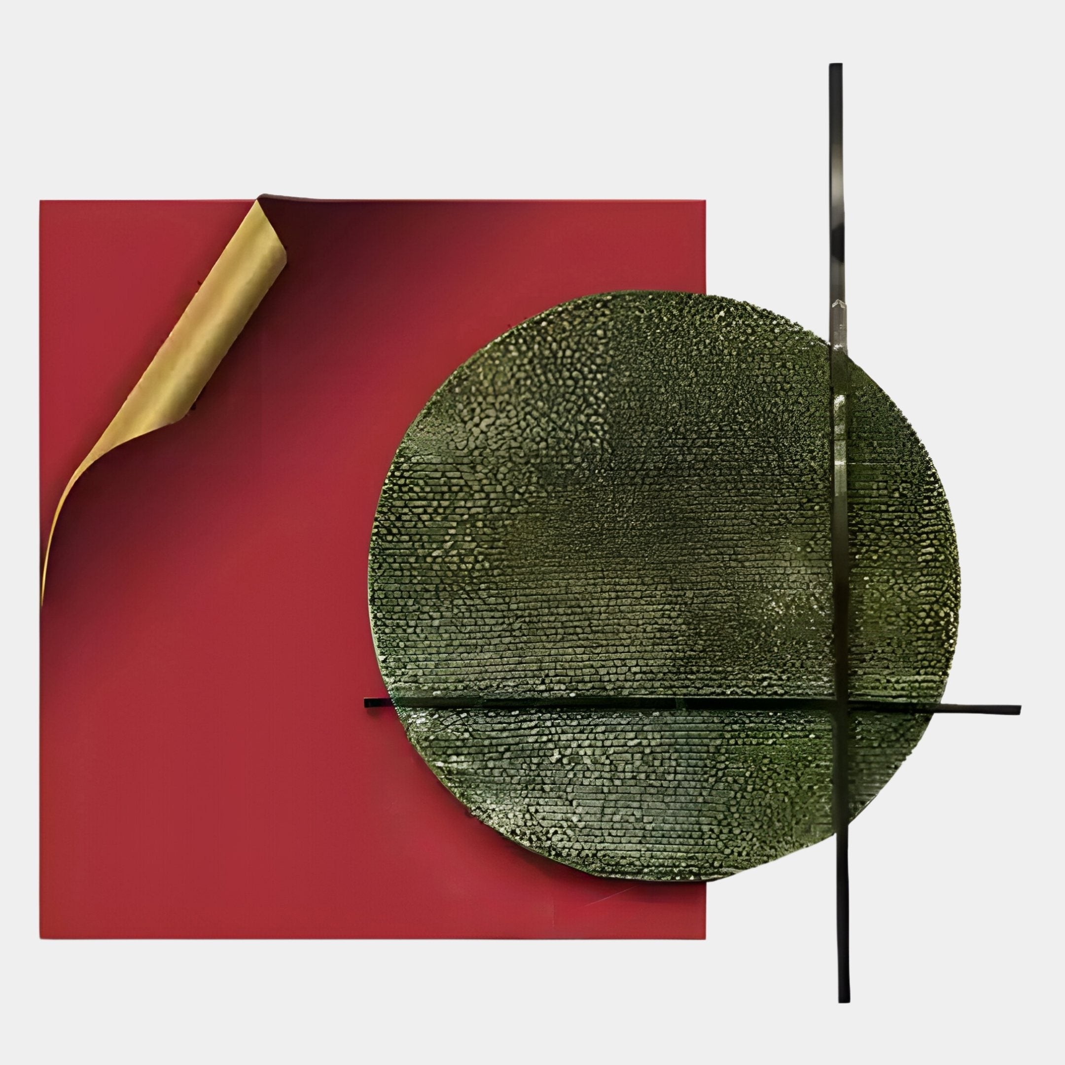 Enhance your modern space with Giant Sculptures Tesselle Red Metal Fold & Green Textured Geometric Wall Art—featuring a layered green circle, black lines, and a red square with a gold-folded corner on a light background.