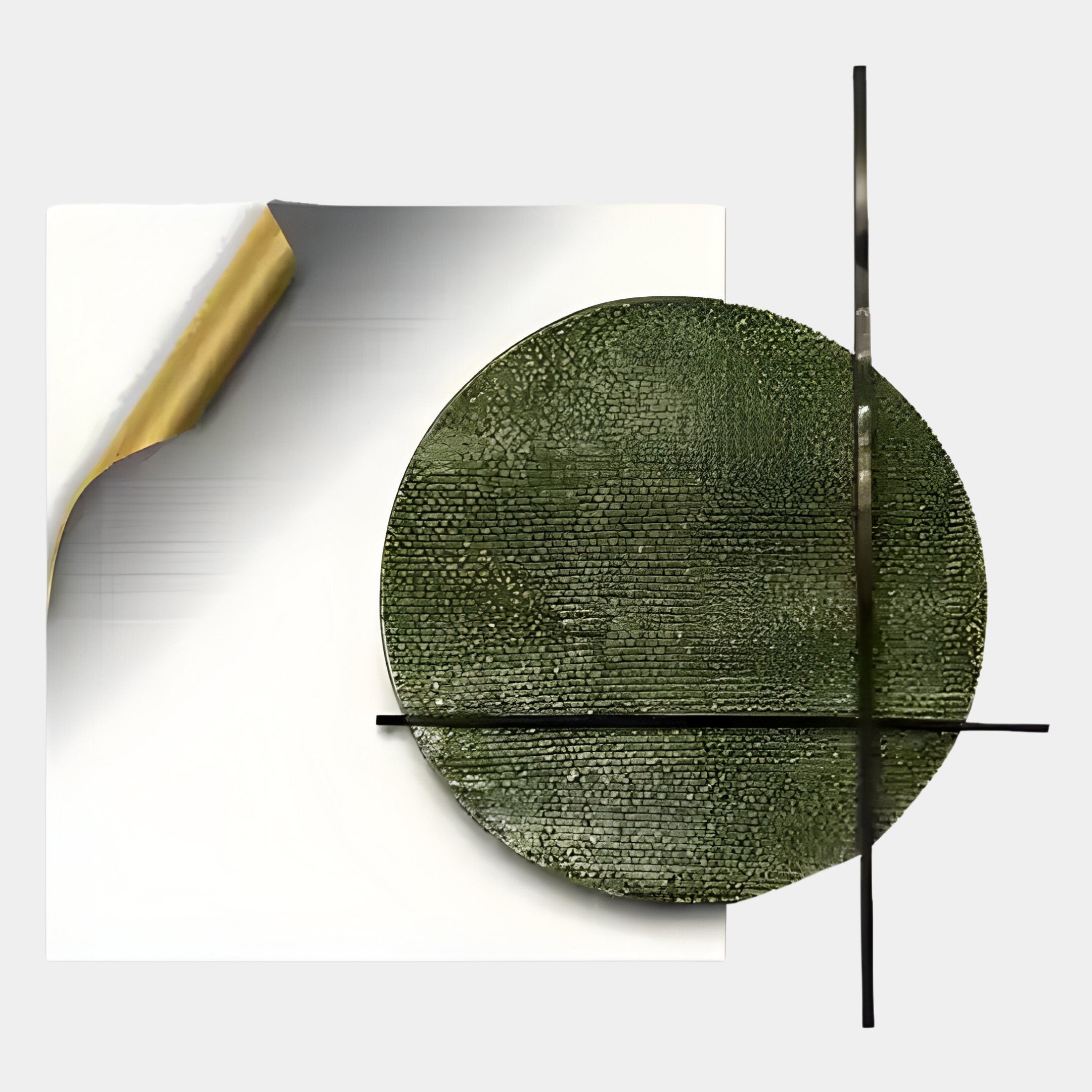 The Tesselle White Metal Fold & Green Textured Geometric Wall Art by Giant Sculptures features a textured green centerpiece with two black lines on a white square with a curled gold underside—ideal for modern spaces against a light gray background.