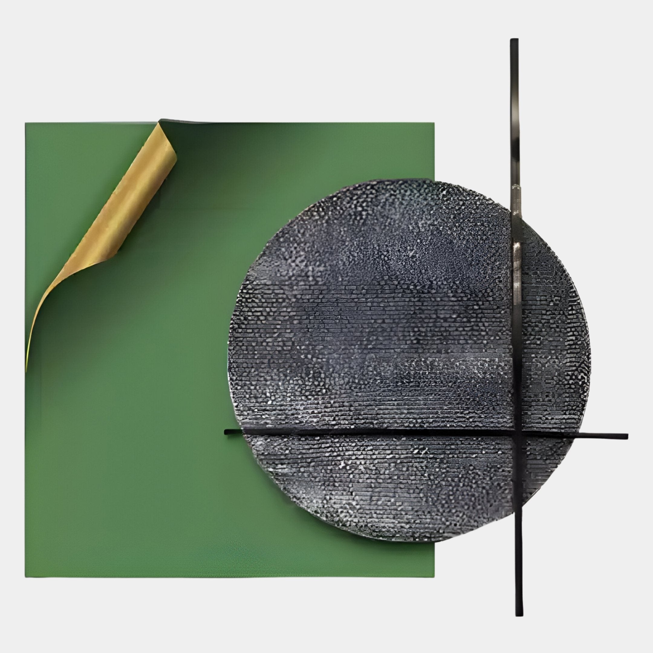 The Tesselle Green Metal Fold & Grey Textured Geometric Wall Art by Giant Sculptures features a green metal square with a gold corner, intersected by a textured black circle and thin lines on a light background.