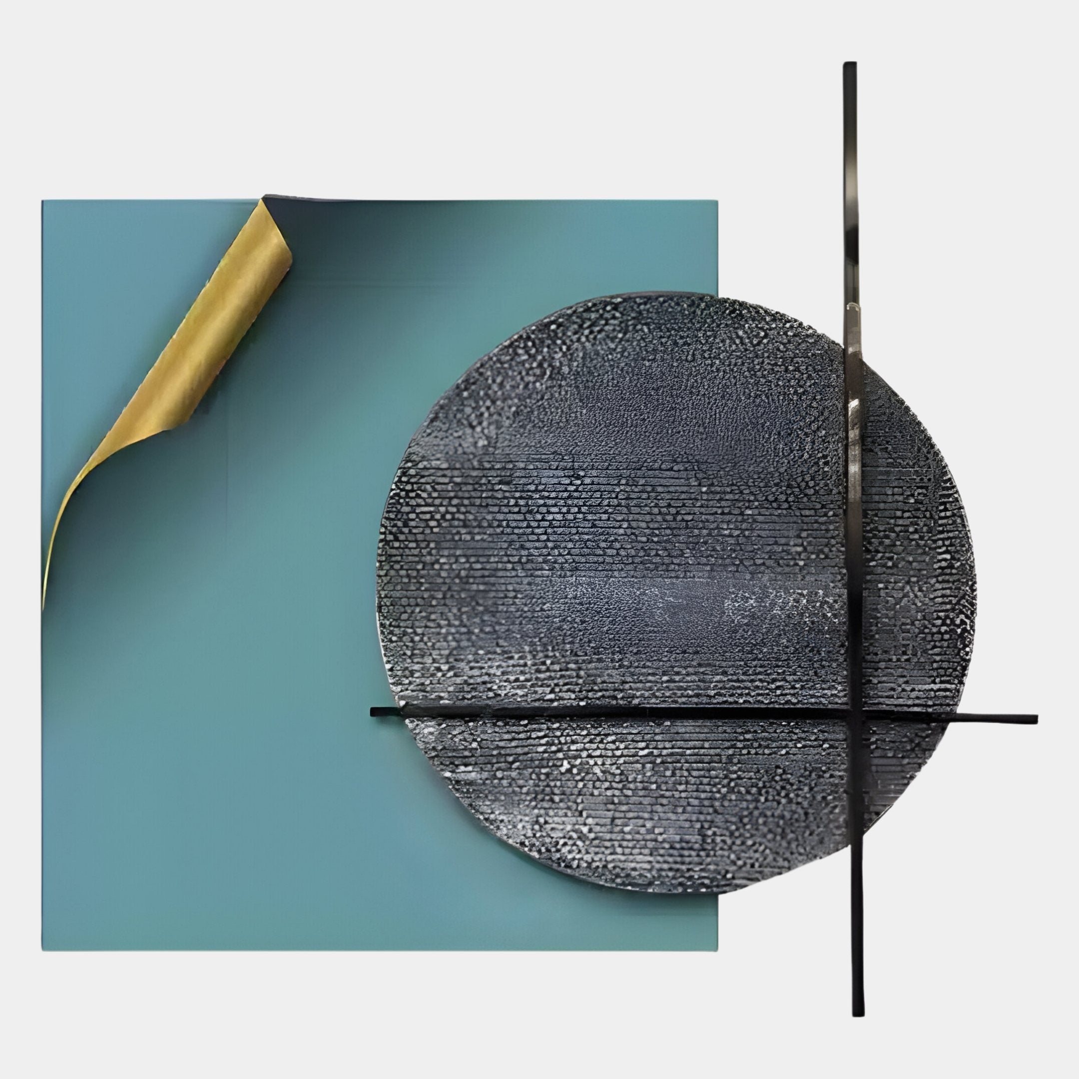 The Tesselle Blue Metal Fold & Grey Textured Geometric Wall Art by Giant Sculptures features a teal square with a gold fold and a textured dark gray circle, creating striking geometric decor for minimalist or industrial interiors.