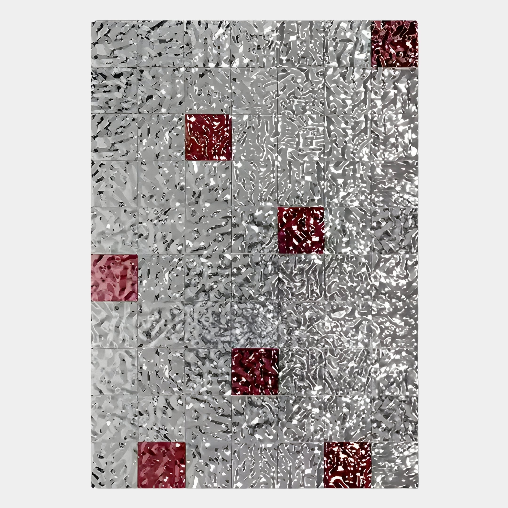 The Prismatica Red & Silver Mosaic 3D Wall Art by Giant Sculptures features a crinkled metallic surface with a grid pattern and scattered red squares on silver and grey, creating a striking modern look ideal for contemporary interiors.