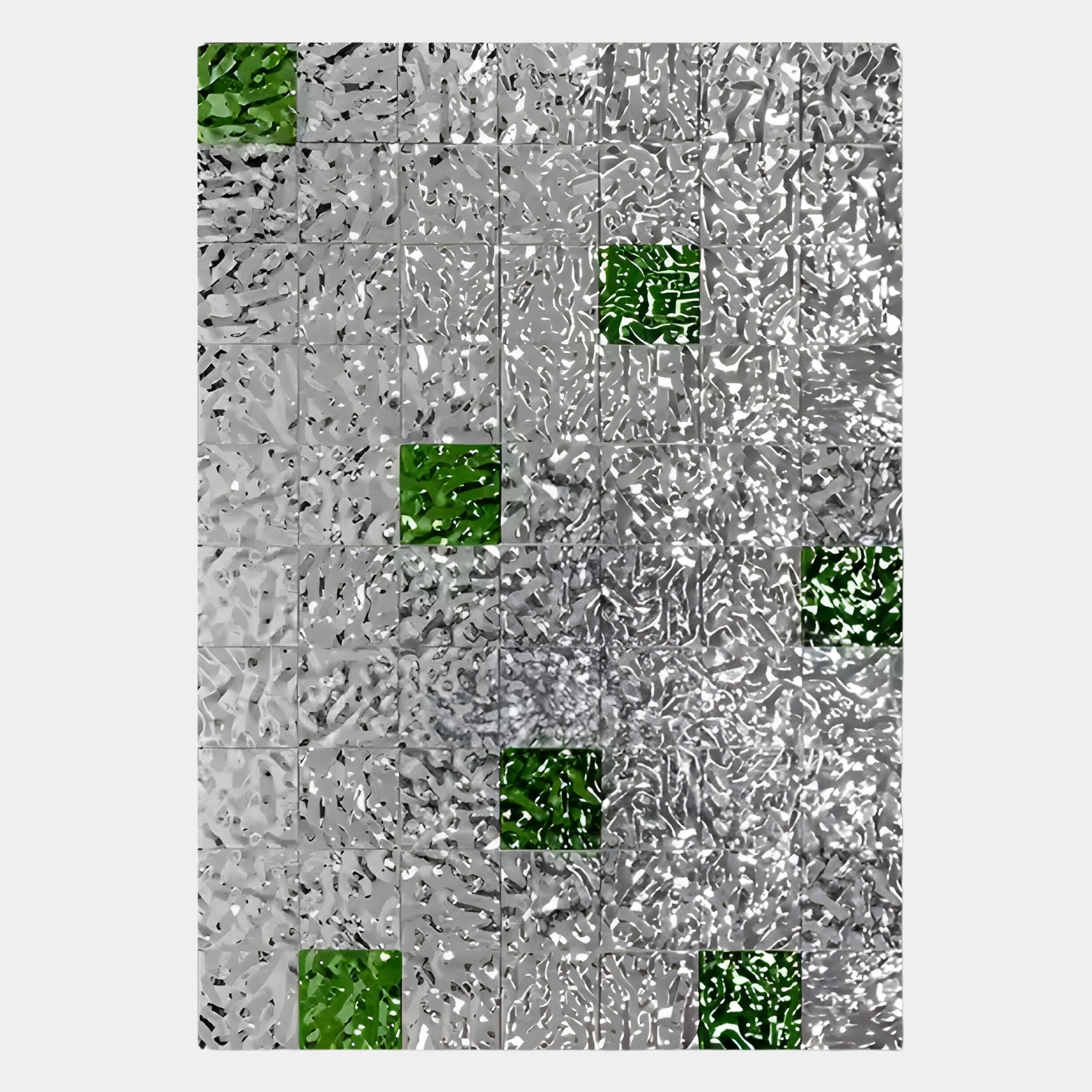 The Prismatica Green & Silver Mosaic 3D Wall Art by Giant Sculptures features textured silver tiles with glossy green accents, forming an abstract geometric pattern ideal for modern interiors.