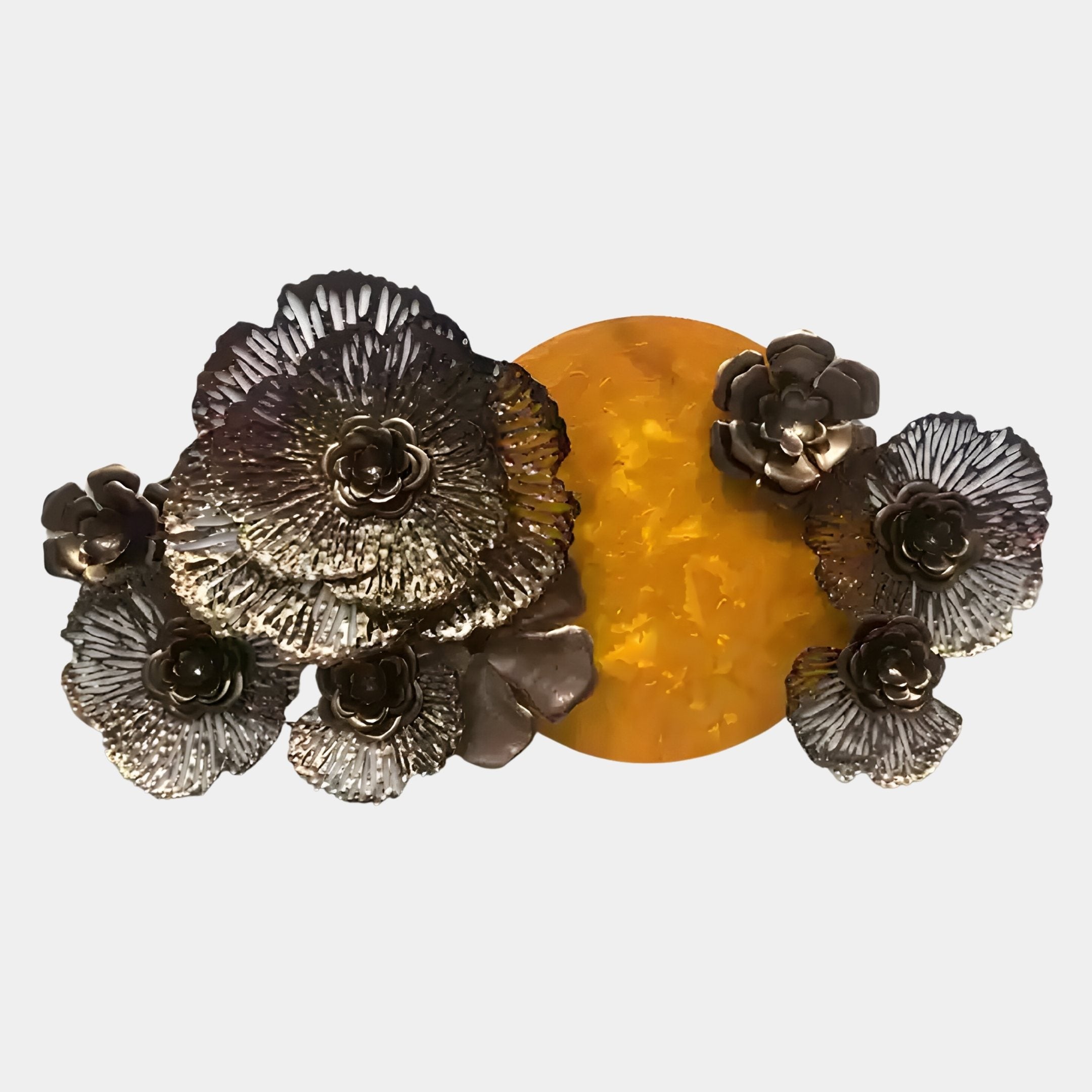 The Luminis Bloom Yellow Floral Metal Wall Art by Giant Sculptures features hand-crafted metallic petals and a textured yellow center, creating an artistic accent that stands out beautifully against light backgrounds.