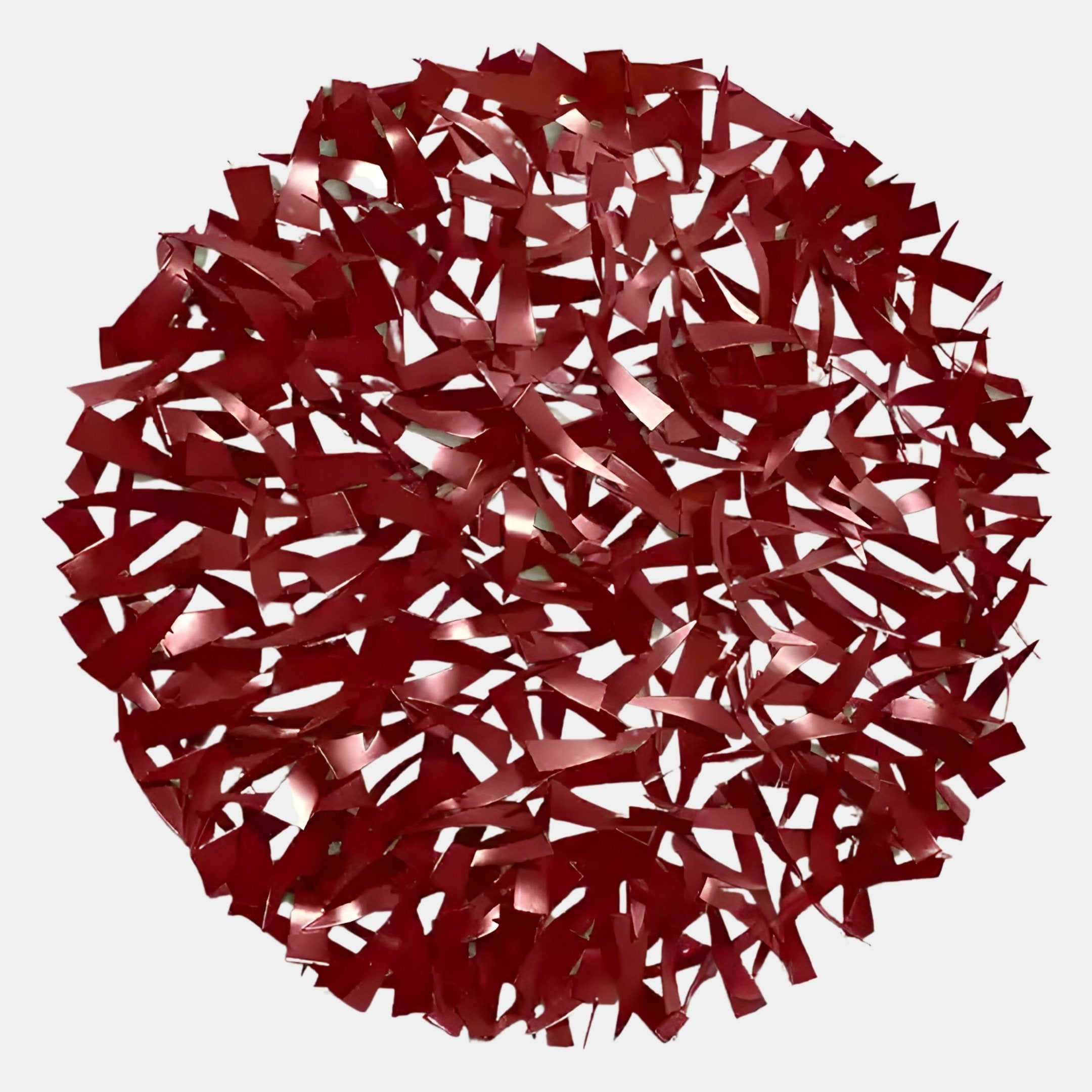 The Eclat Sphere Red Abstract Metal Wall Art by Giant Sculptures features overlapping red strips in a circular form, creating a dense abstract pattern with luminous gaps—a striking touch of modern elegance for any space.