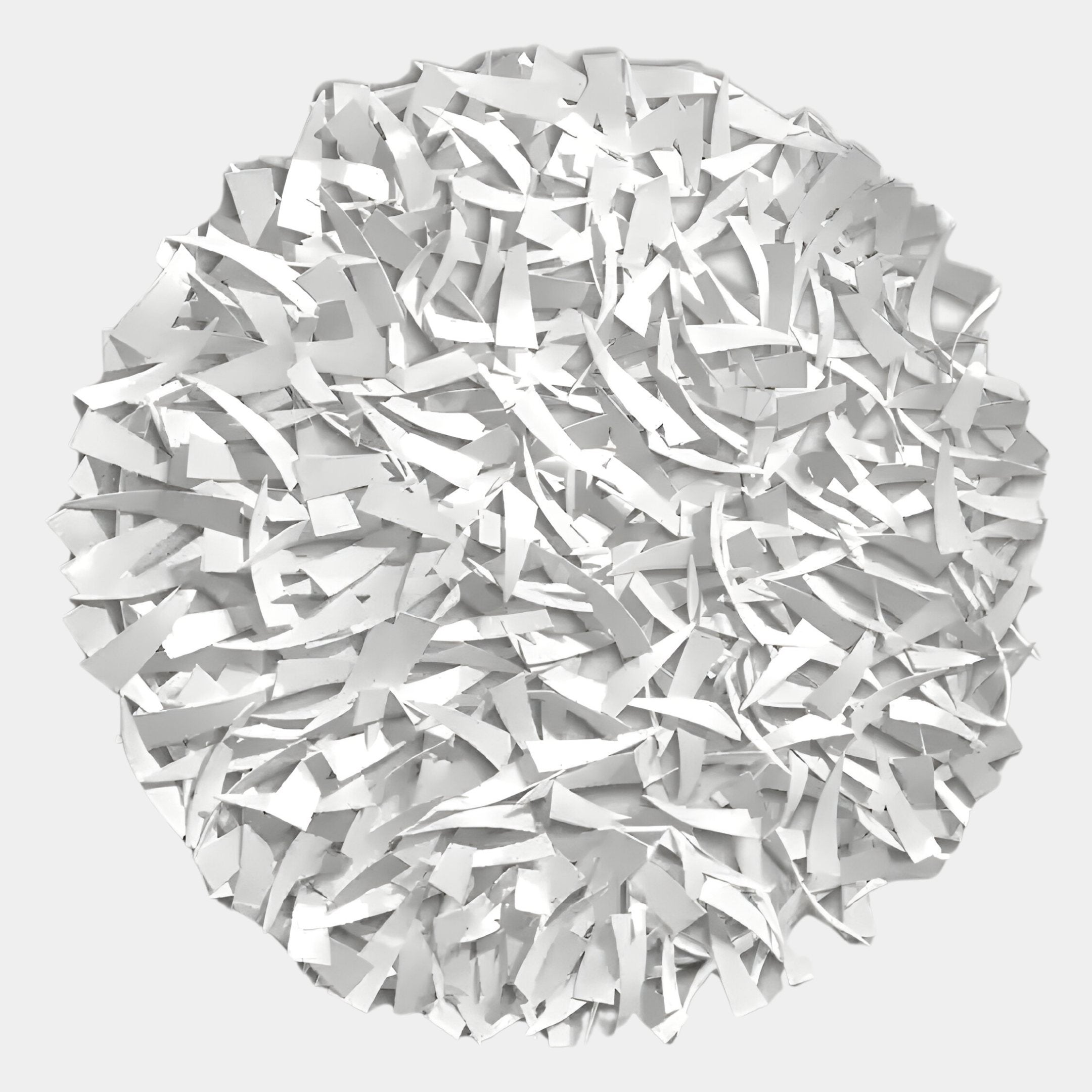 The Eclat Sphere White Abstract Metal Wall Art by Giant Sculptures features a dense, circular arrangement of white strips, evoking shredded paper scattered on a light gray background for a striking, contemporary look.