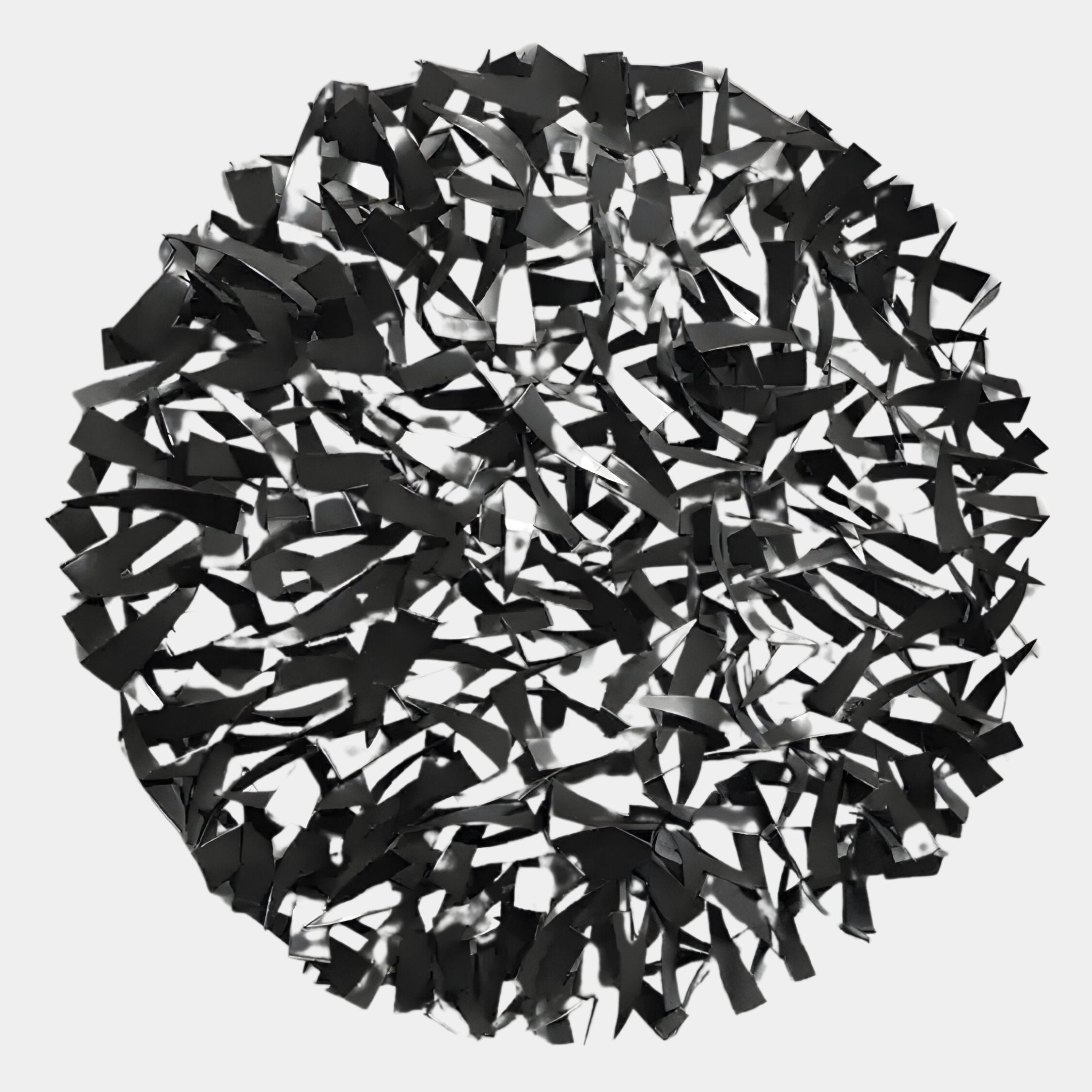 The Eclat Sphere Black Abstract Metal Wall Art by Giant Sculptures features a circular design with overlapping black strips on a white background, evoking modern iron art and creating an abstract, tangled effect.