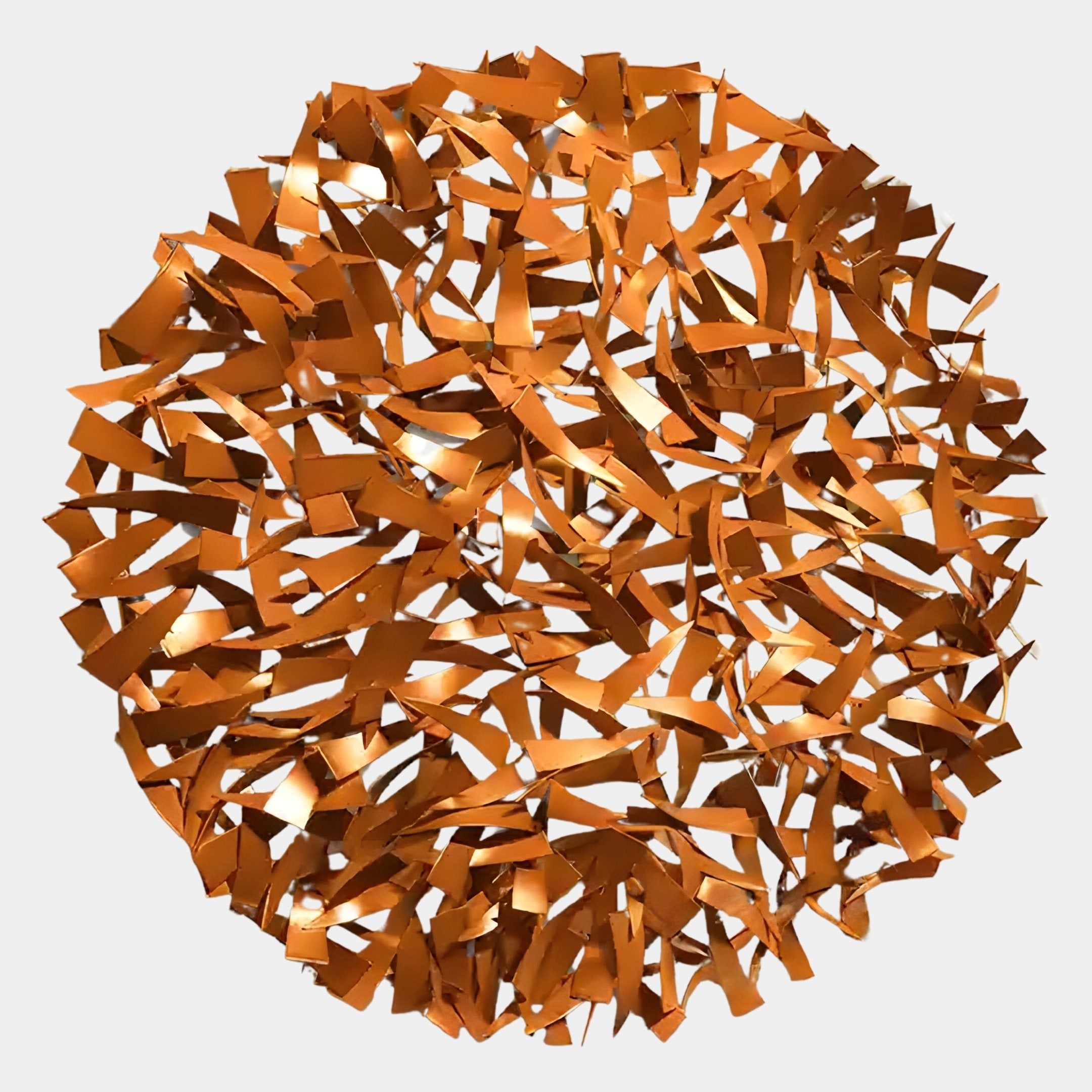 The Eclat Sphere Copper Abstract Metal Wall Art by Giant Sculptures features overlapping copper-toned metal strips, creating a striking, modern centerpiece that glows warmly and doubles as abstract metal art for contemporary interiors.