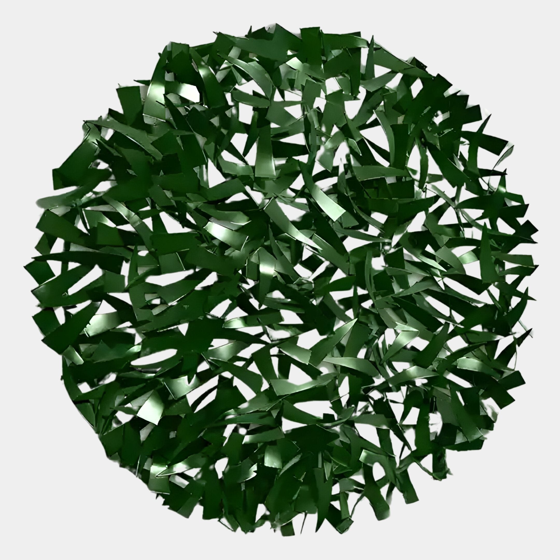 Eclat Sphere Green Abstract Metal Wall Art by Giant Sculptures features a round cluster of dark green, metallic ribbons in a striking pom-pom shape—an eye-catching piece that adds geometric flair to modern interiors.