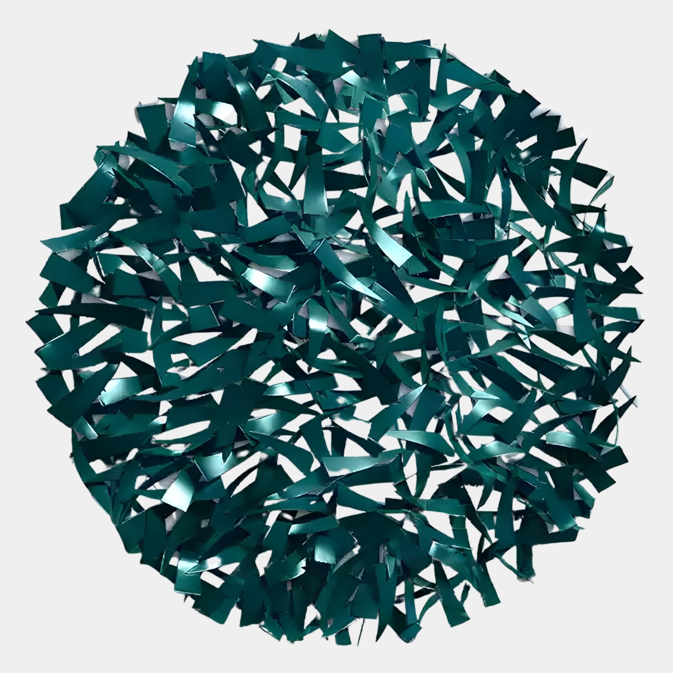 A round, dense cluster of metallic teal blue strips forms the Eclat Sphere Teal Blue Abstract Metal Wall Art by Giant Sculptures—an eye-catching abstract piece displayed against a light background.