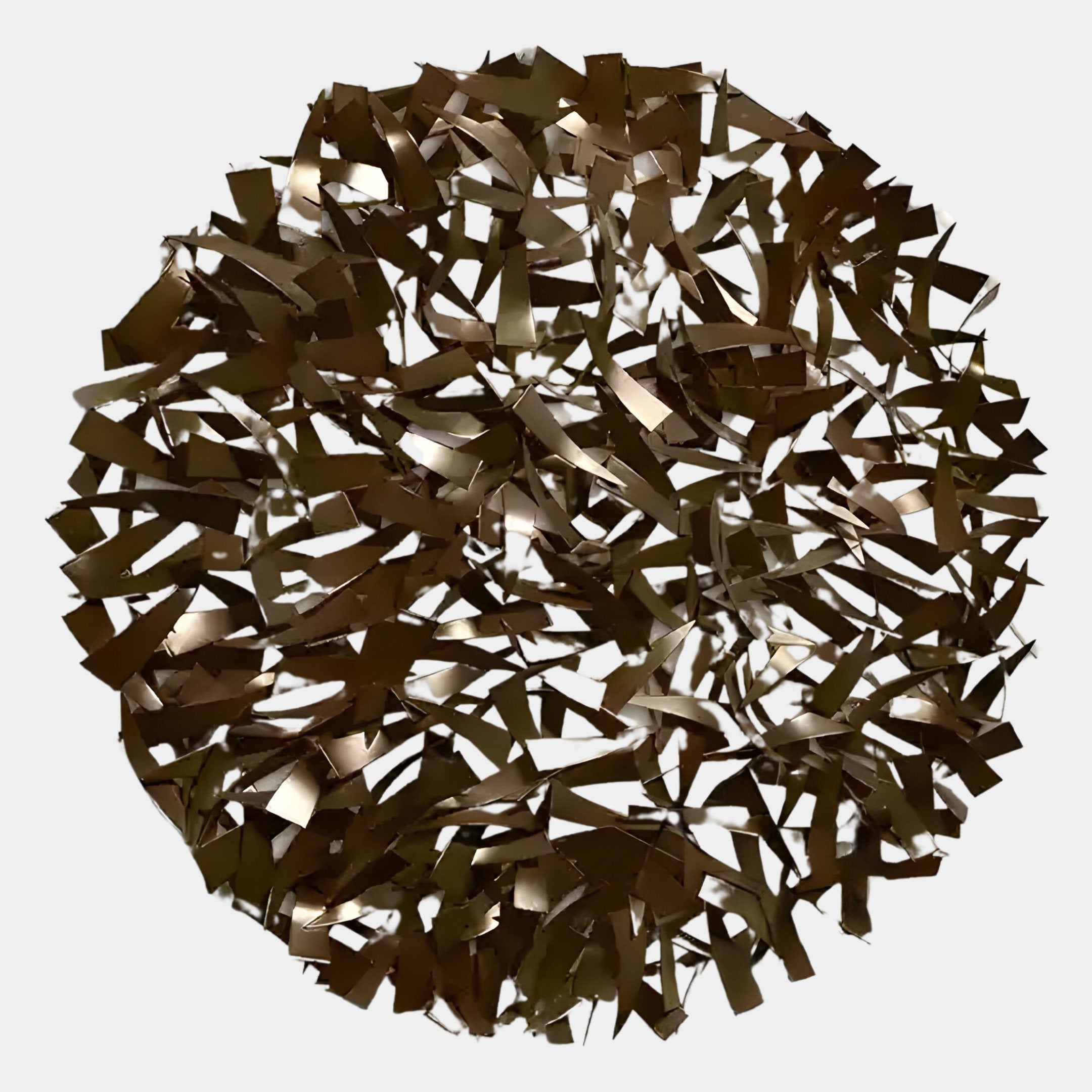 The Eclat Sphere Bronze Abstract Metal Wall Art by Giant Sculptures features overlapping metallic brown strips in a circular, textured design—ideal as modern wall decor or striking abstract metal art for any space.