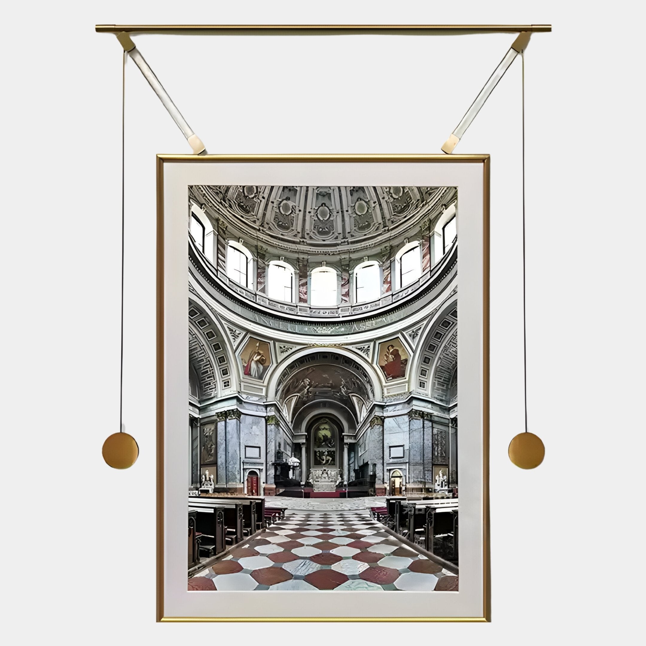 The Aristo Dome Elegance Painting by Giant Sculptures displays a church’s dome interior, beautifully framed in gold and suspended by two rods with circular weights, adding sophistication to your wall décor.