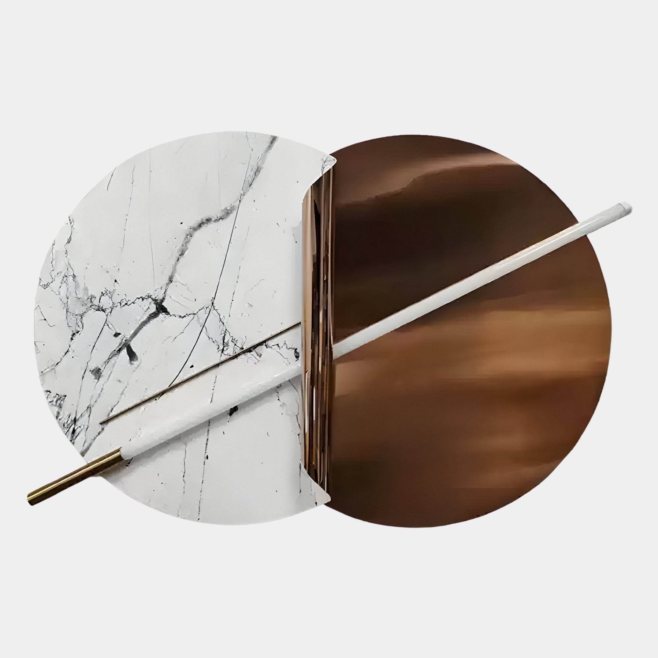 The Lunaris White Marble & Bronze LED Wall Art by Giant Sculptures features two overlapping circles—one in white marble with dark veining and one bronze with a metallic sheen—intersected by a diagonal rod with white and gold accents.
