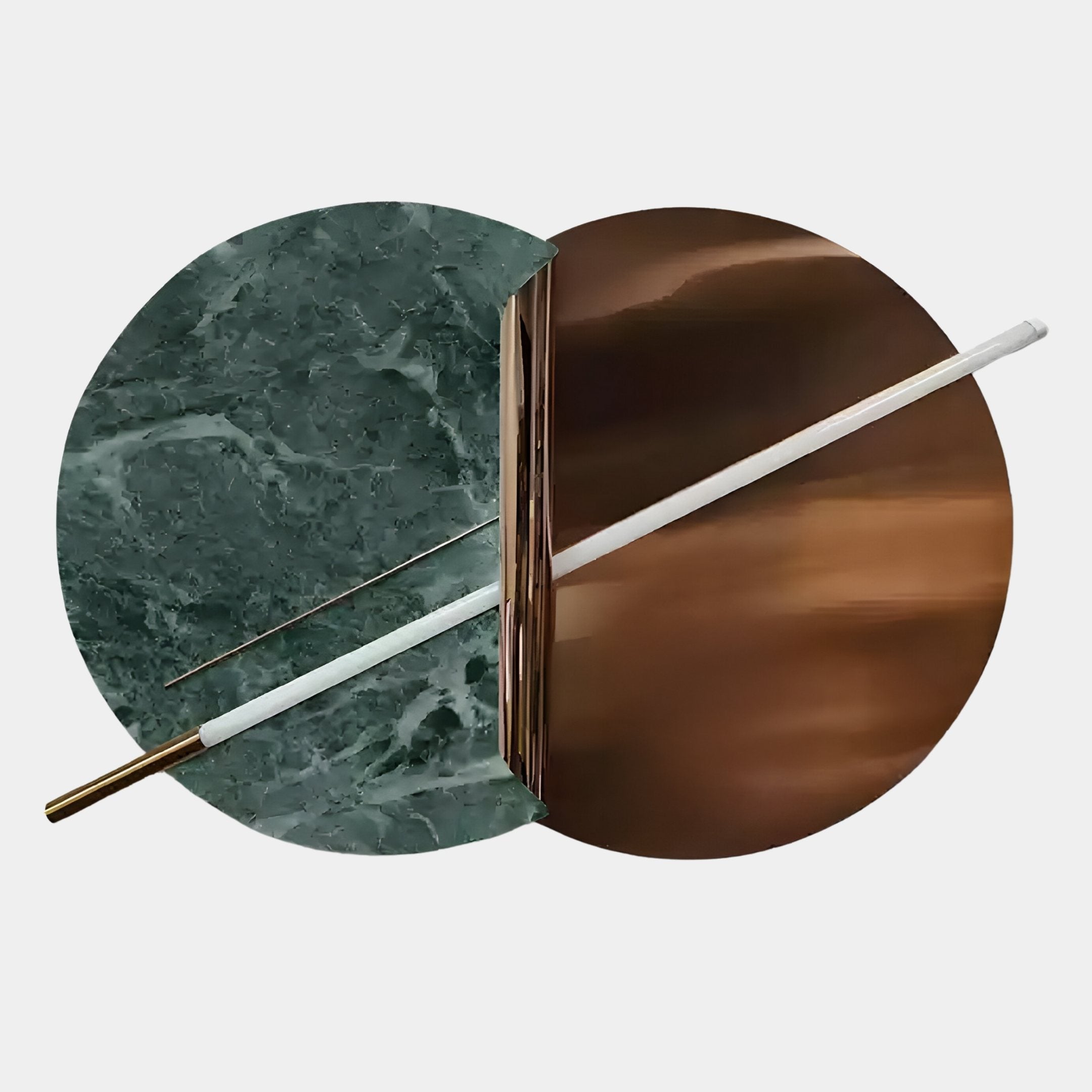 The Lunaris Green Marble & Bronze LED Wall Art by Giant Sculptures features modern overlapping copper circles and a diagonal white rod with gold ends, adding elegant style to your space.