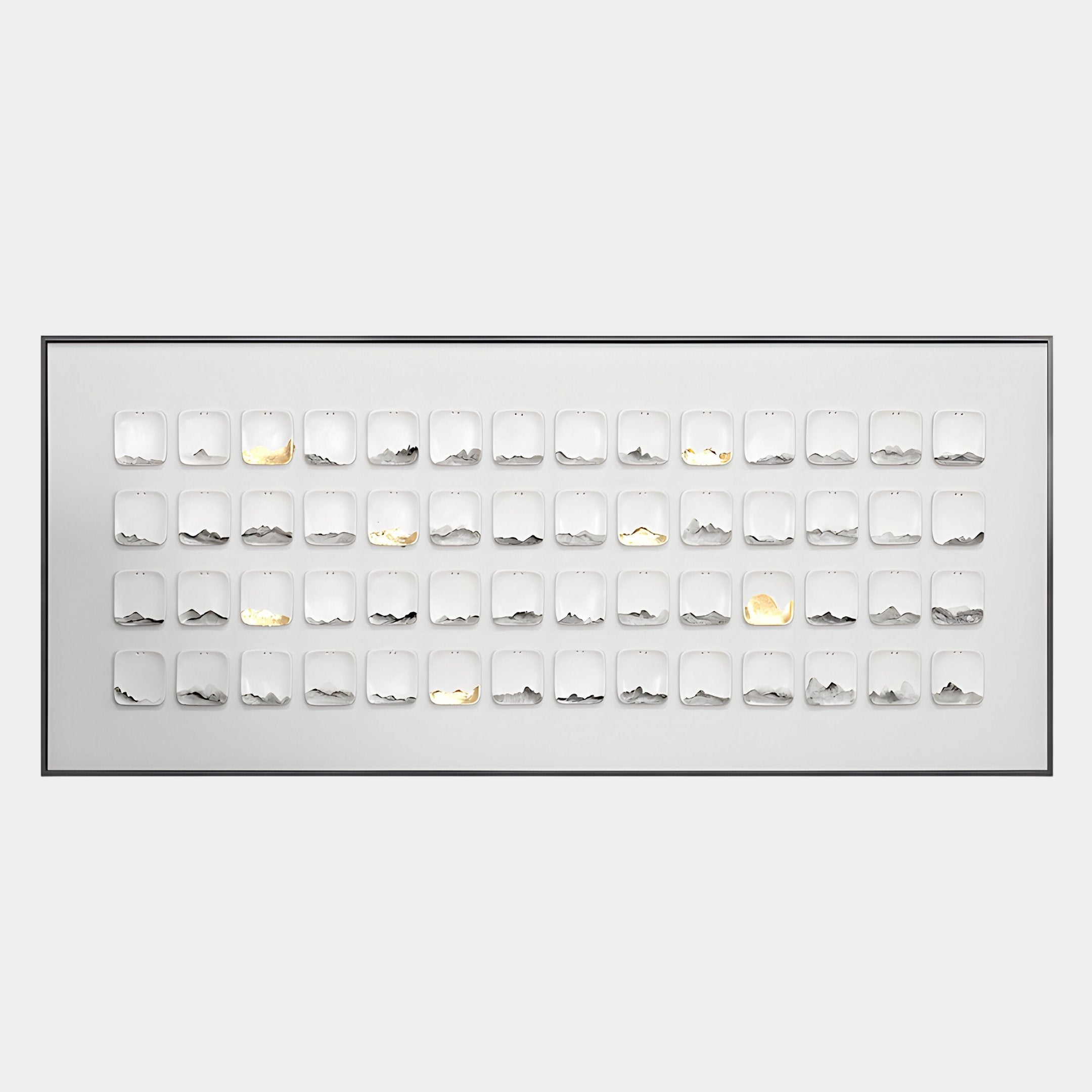 The Lureva 3D Ceramic Wall Installation by Giant Sculptures features a rectangular grid of small squares, each with hand-painted abstract landscapes and mountain forms, enhanced by illuminated gold foil accents and metal trim.