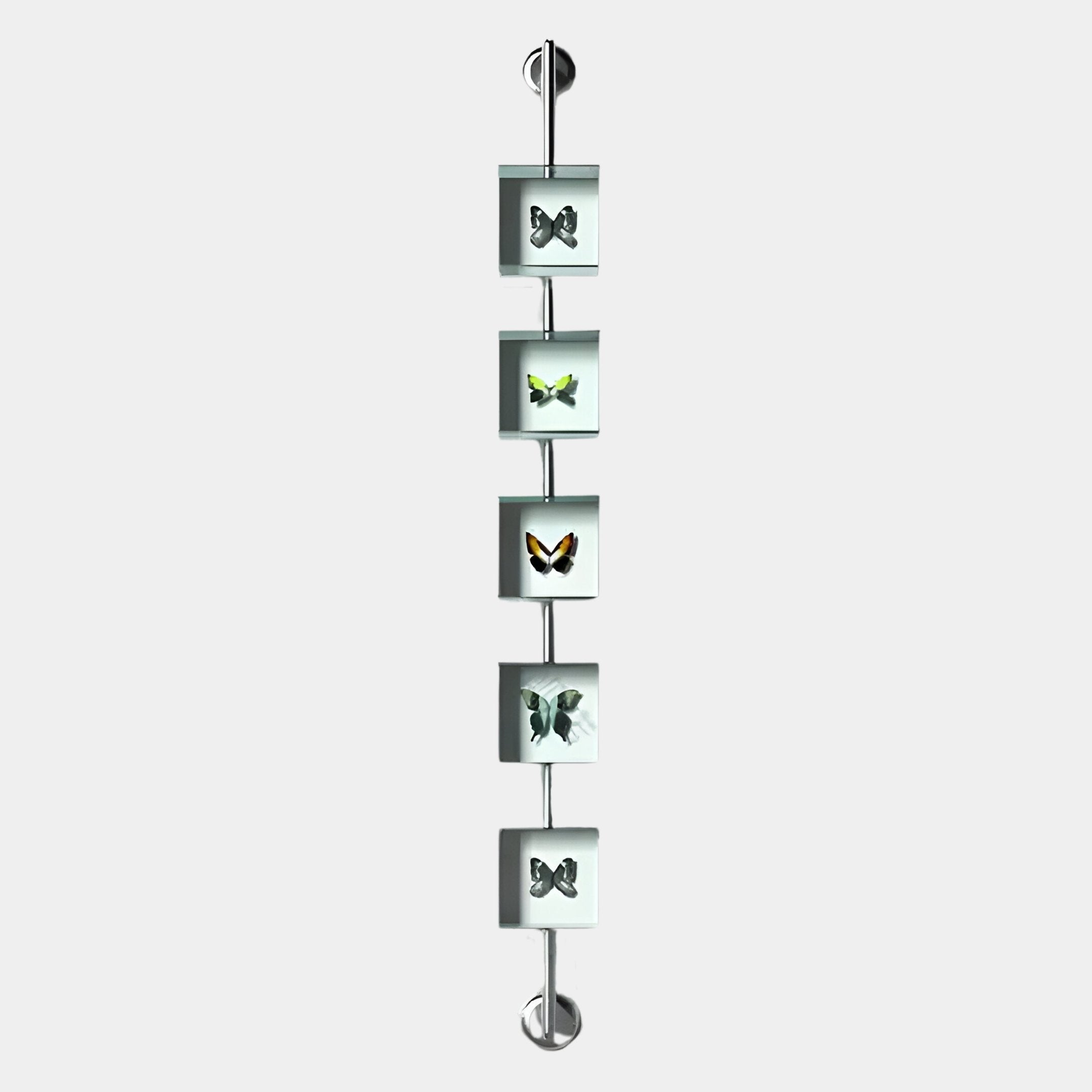 Papilio Butterfly Vertical Blue Modern 3D Wall Art by Giant Sculptures features five square glass frames with unique butterfly specimens on a metal rod, creating an elegant, modern display perfect for enhancing any space.