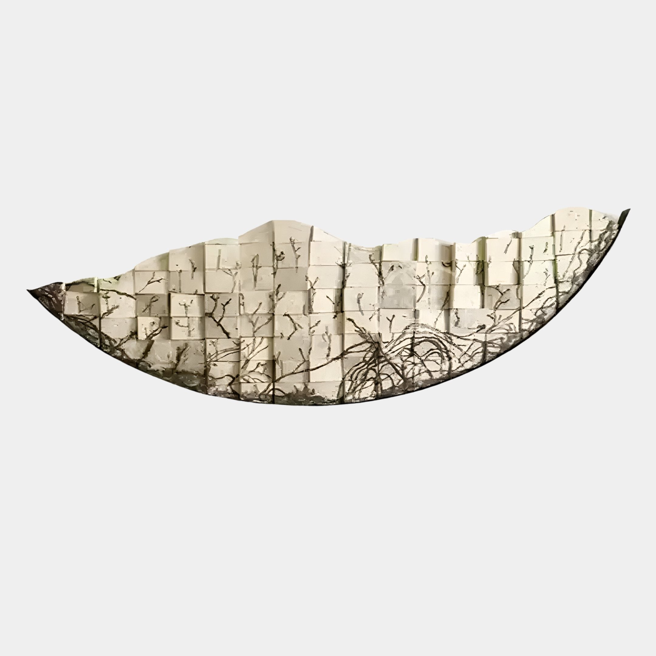 The Arcana Beige Woodland Mosaic Half-Moon 3D Wall Art by Giant Sculptures features stacked, folded pages with black ink tree branches, creating a layered, textured sculpture against a light background.