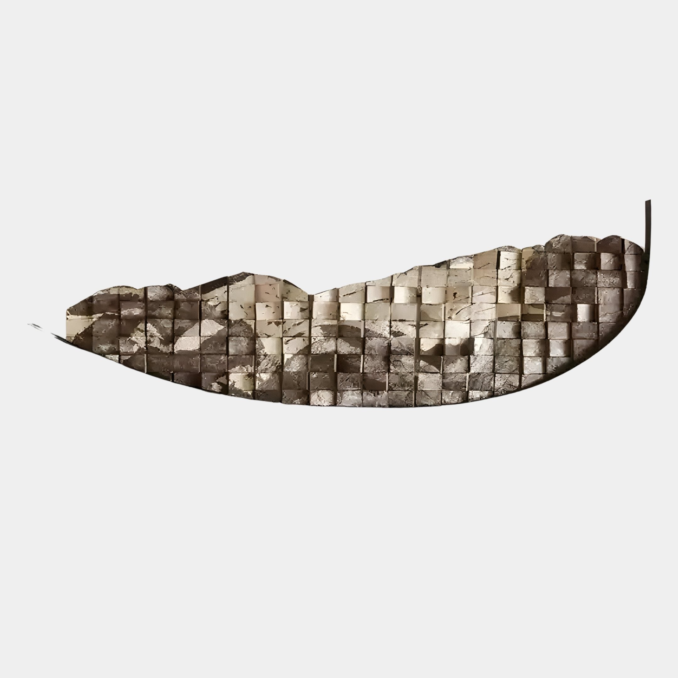 The Arcana Metallic Earth Textured Mosaic Half-Moon 3D Wall Art by Giant Sculptures features small, stone-like tiles arranged in a curved, mountain-inspired design with modern metallic earth tones on a white background.