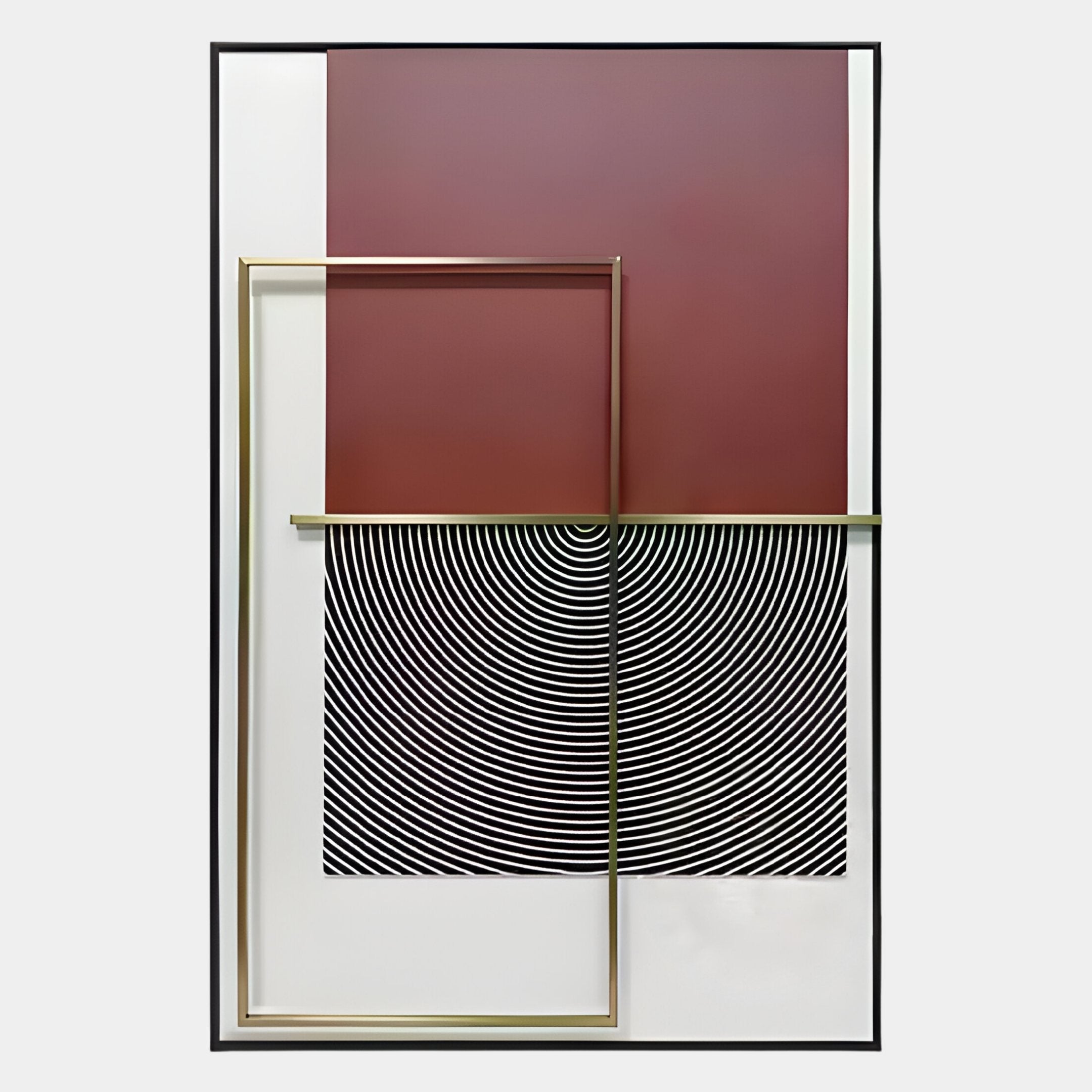 The Optique Spiral Black & Red Rectangular Wall Art by Giant Sculptures features a maroon rectangle above black-and-white concentric circles, intersected by gold rods on a white background for a striking geometric decor accent.