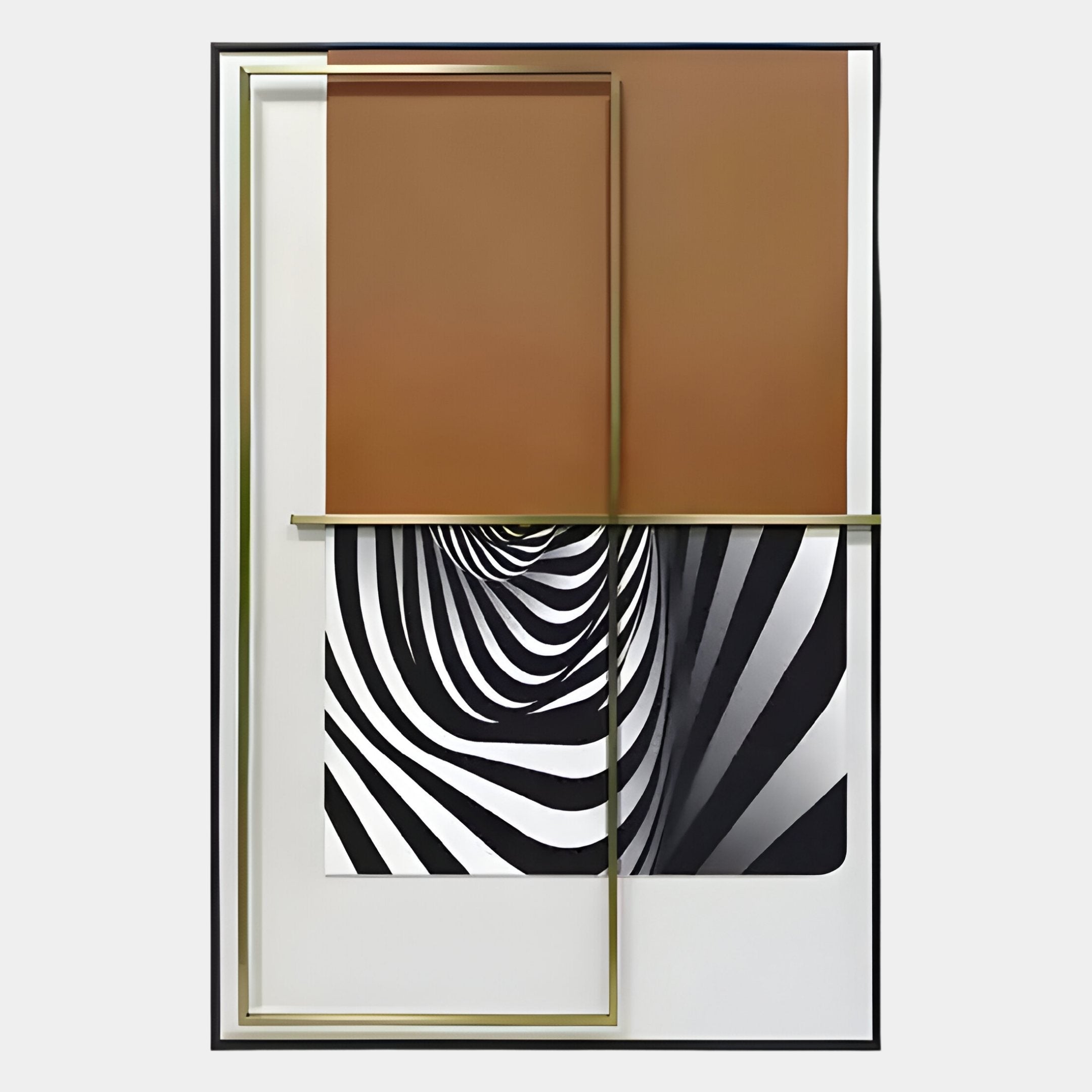 The Optique Warp Black & Brown Rectangular Wall Art by Giant Sculptures features two brown rectangles above two black-and-white spiraled panels, separated by a slim metallic bar in a minimalist frame—ideal for modern decor.