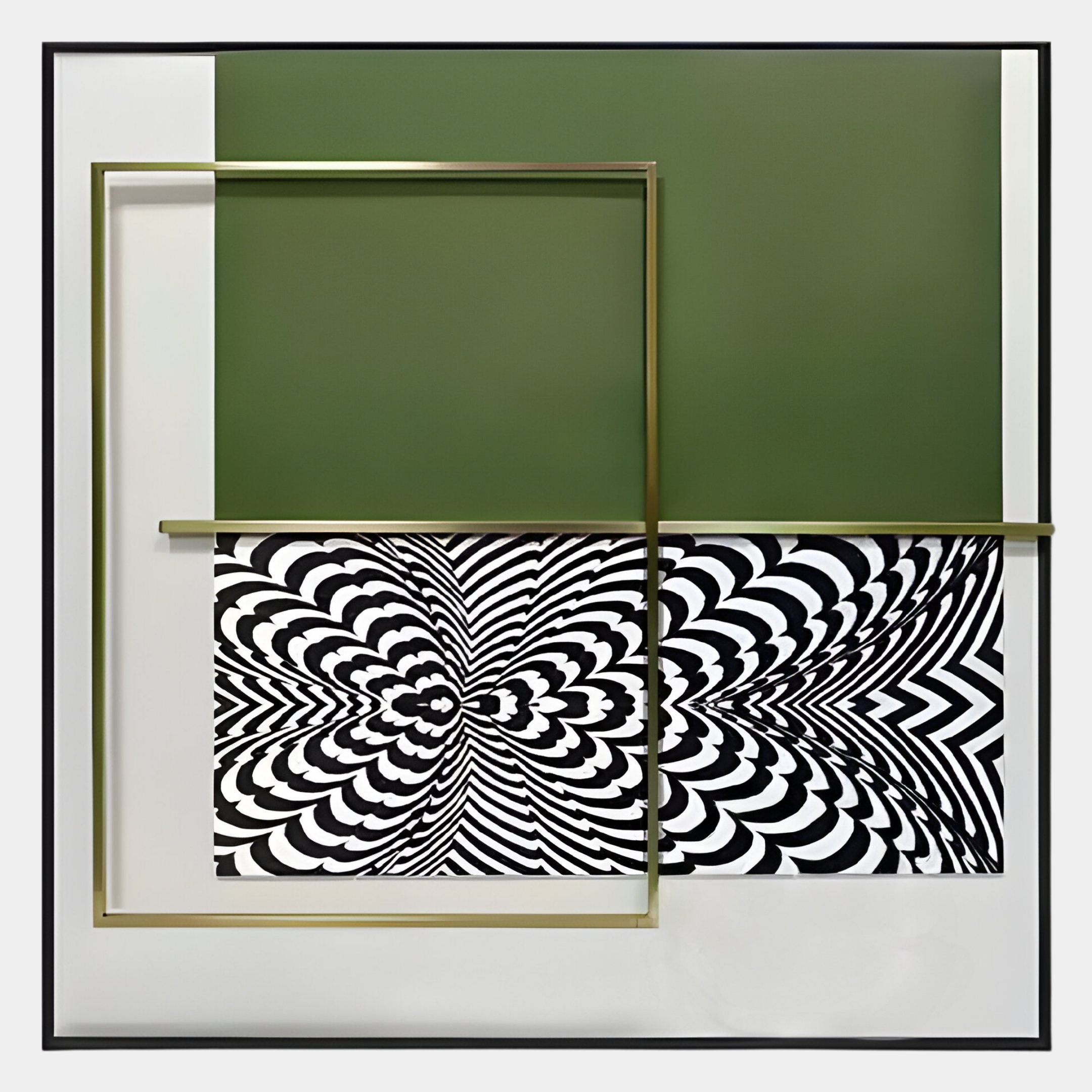 The Optique Swirl Black & Green Square Wall Art by Giant Sculptures features bold geometric patterns on a green and white background, with overlapping gold frames for a striking modern look.