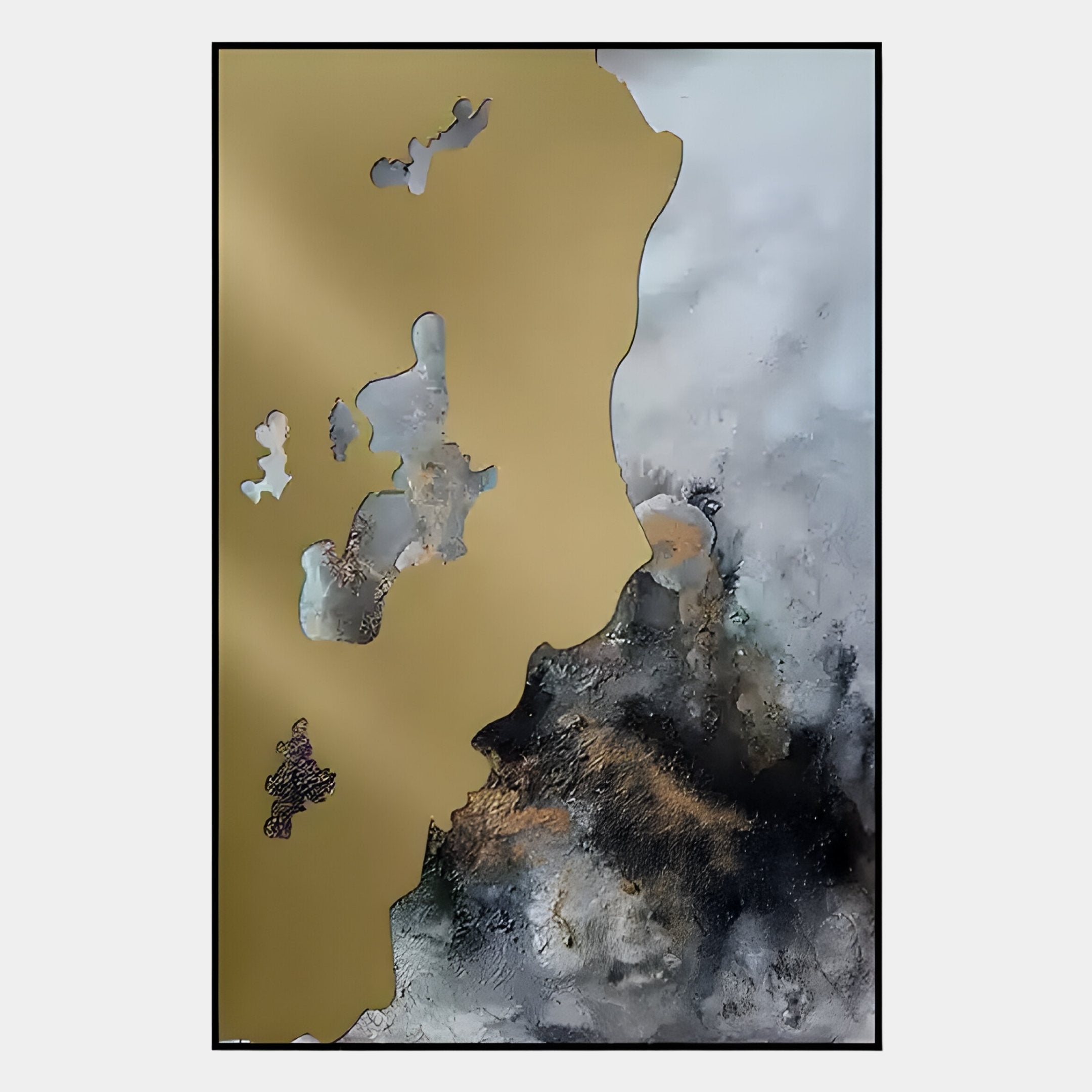 The Astrid Gold Veil Textured Abstract Wall Art by Giant Sculptures features dynamic, hand-applied gold shapes over a cloudy black, white, and gray background for a modern, swirling abstract design.