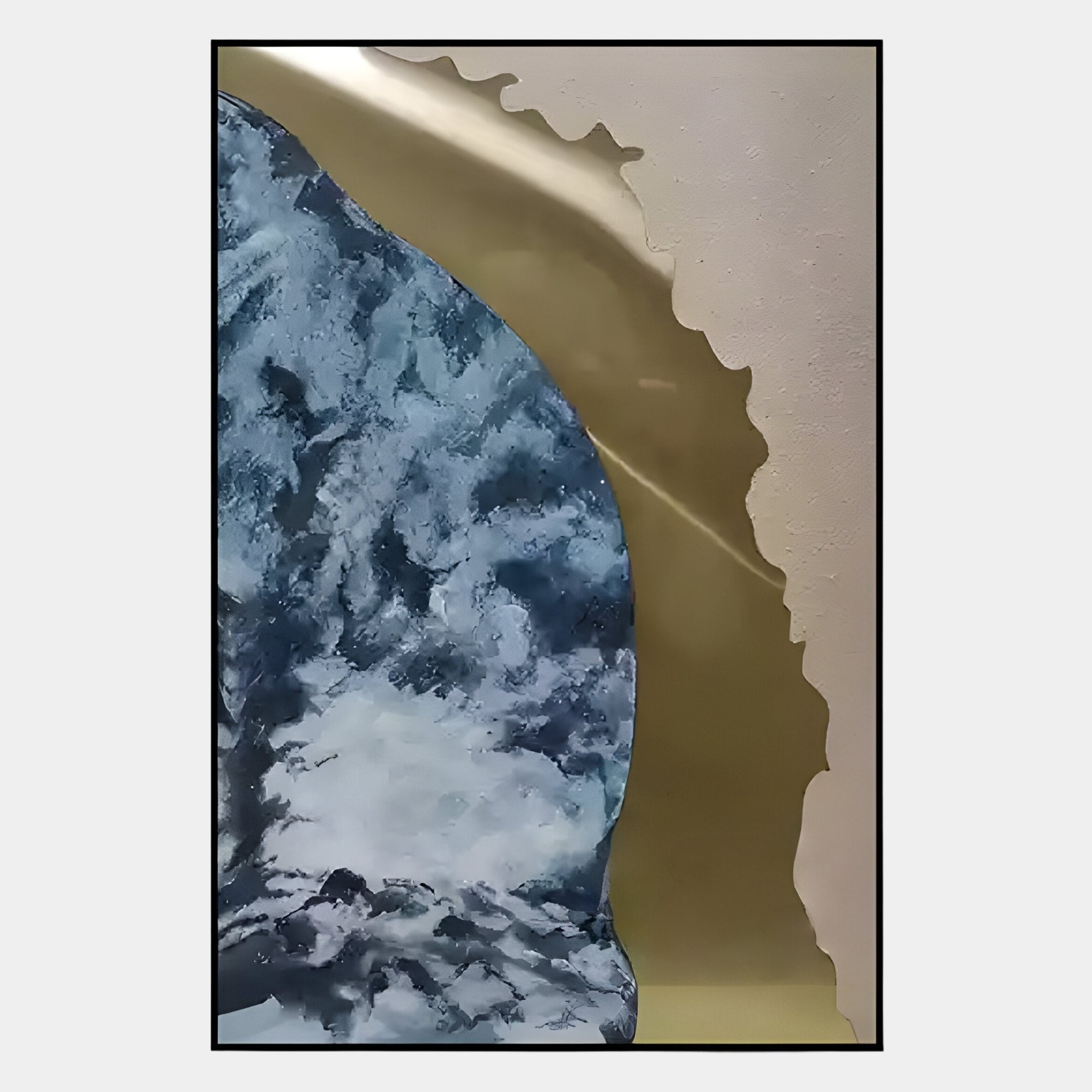 A wavy edge divides textured blue and white tones from smooth, reflective gold—mirroring Giant Sculptures Astrid Azure Flow Gold Abstract Wall Art, finished with hand-painted oil for a striking modern accent.