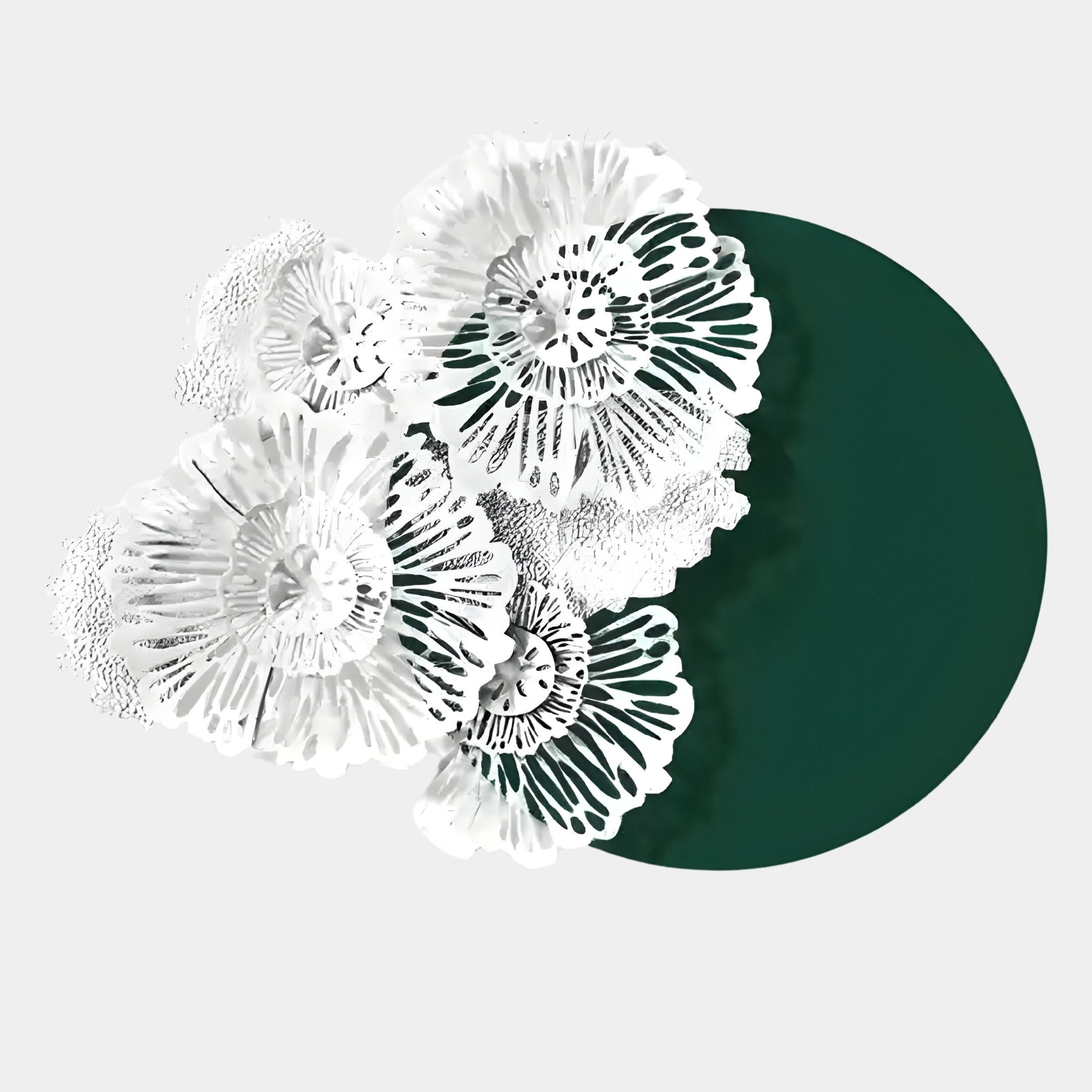 The Fleur Halo Green Round White Metal Floral Decorative Wall Art by Giant Sculptures showcases white metal flowers overlapping a green circle on light gray, blending organic and geometric elements for a striking display.