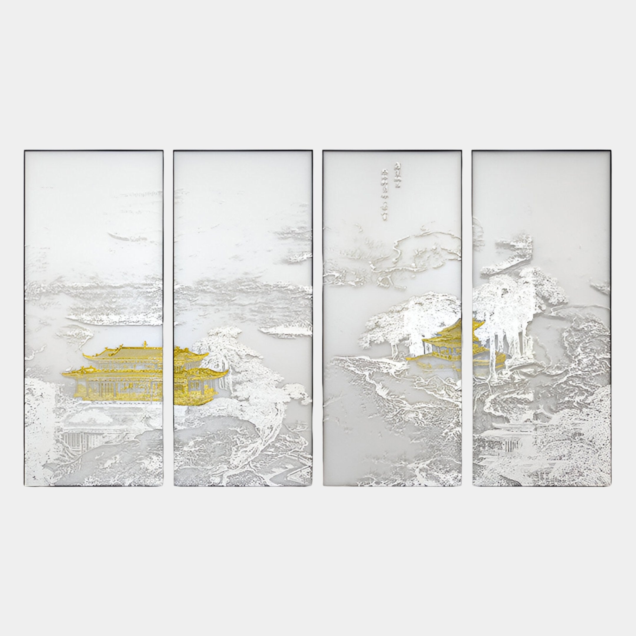 The Velantra Intricate Multi-Panel Silk Artwork by Giant Sculptures features four vertical panels with 3D textured designs, showcasing a serene Asian landscape with white and silver trees, clouds, and two gold-colored pagodas.