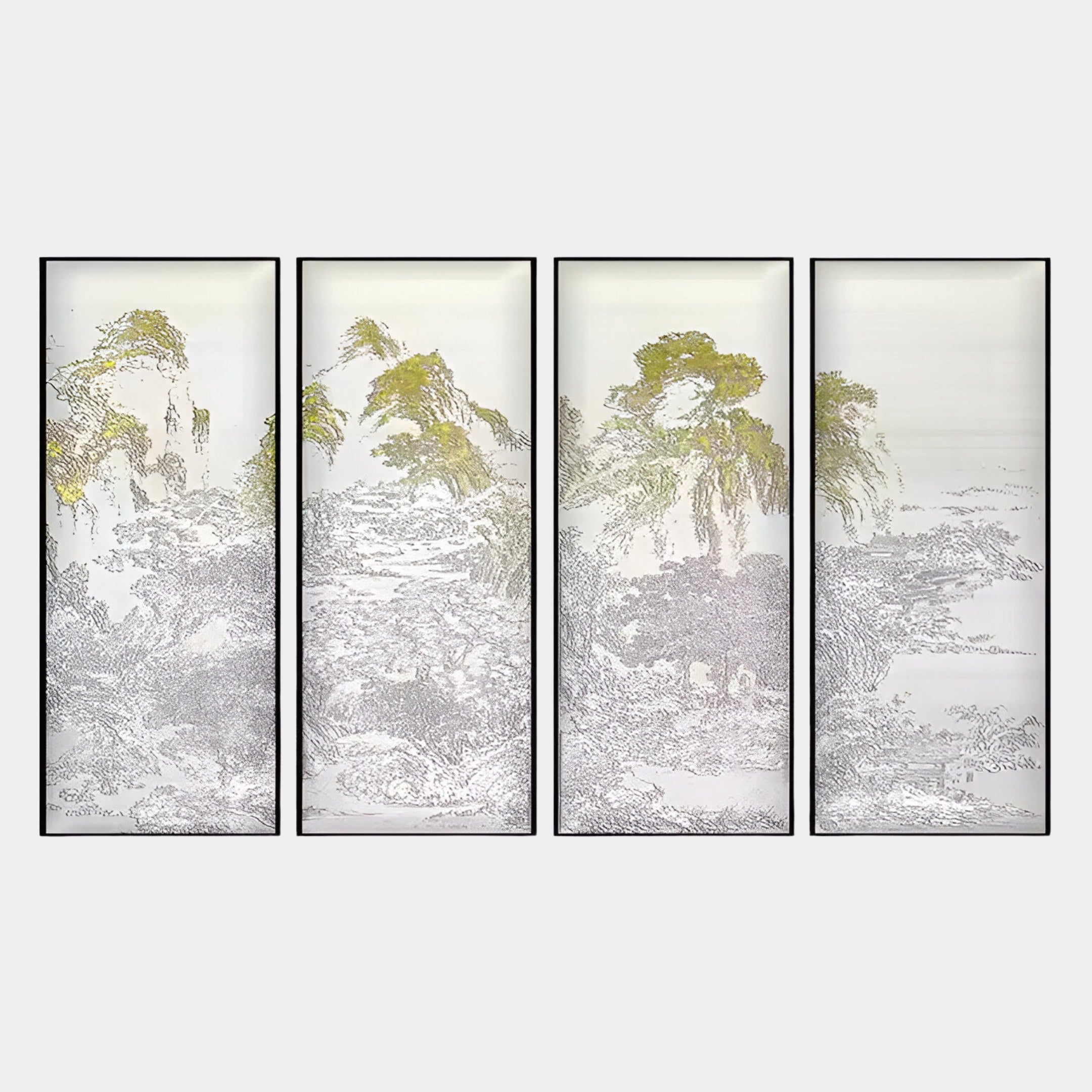 Four vertical panels from Giant Sculptures’ Velantra Multi-Panel Silk Artwork feature mountains, trees, and mist in soft gray and yellow-green, showcasing intricate natural detailing and traditional craftsmanship for a serene, harmonious display.
