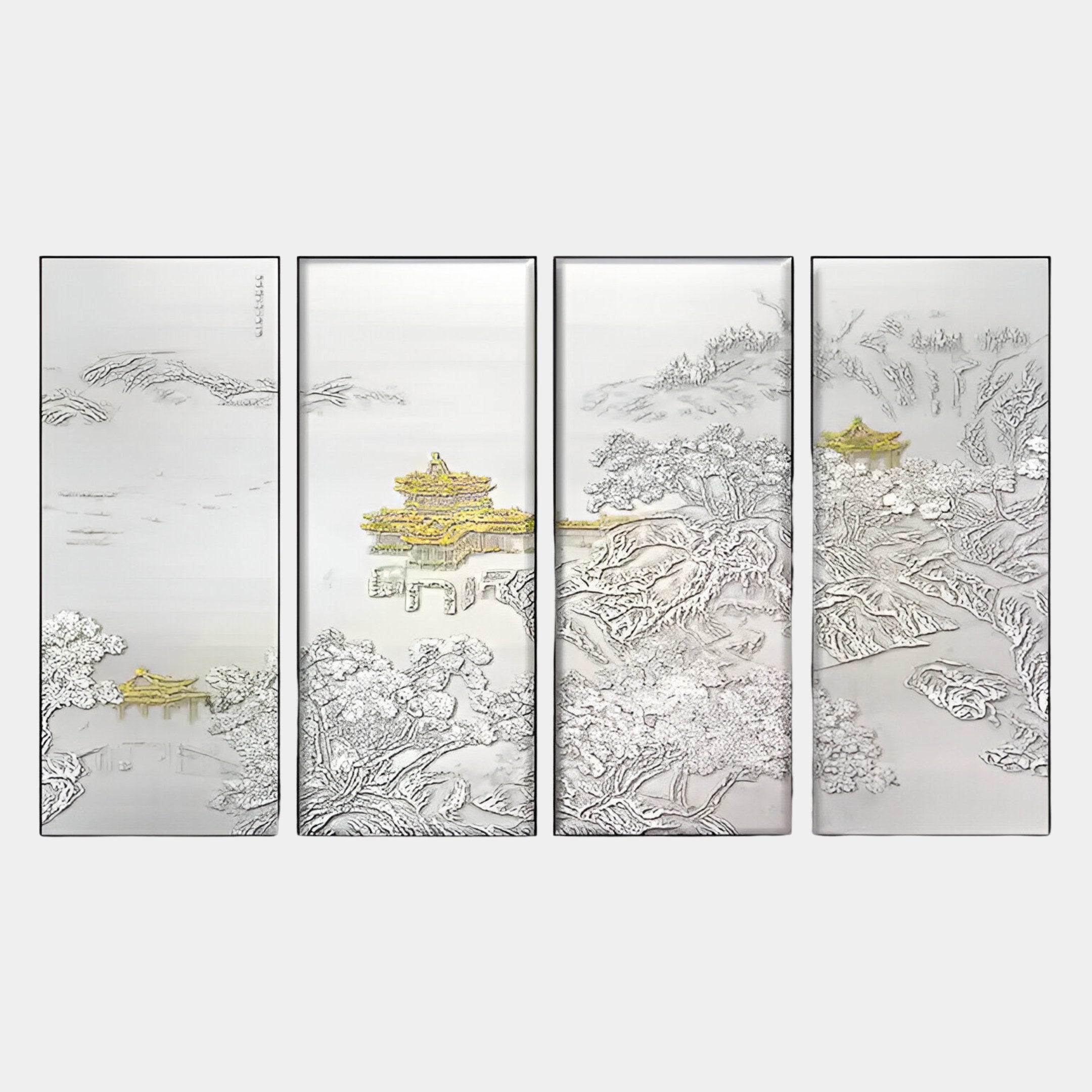 The Velantra Harmonious Multi-Panel Silk Art With 3D Landscape Features by Giant Sculptures showcases four vertical panels with trees, mountains, and pavilions in gold and silver hues, exuding serene elegance with detailed three-dimensional craftsmanship.