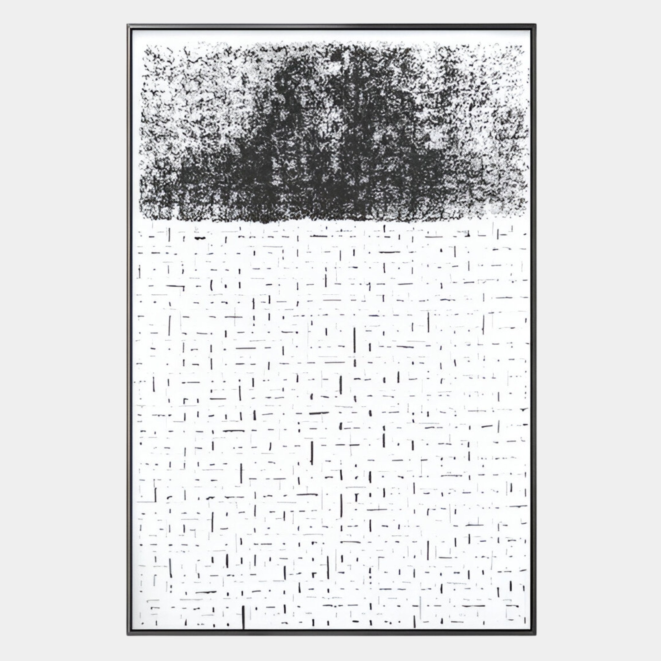 The Ethore Minimalist Silk Art Wall Decor by Giant Sculptures features a dense, monochromatic upper section that fades into white, accented with irregular thin black lines for a striking minimalist look.