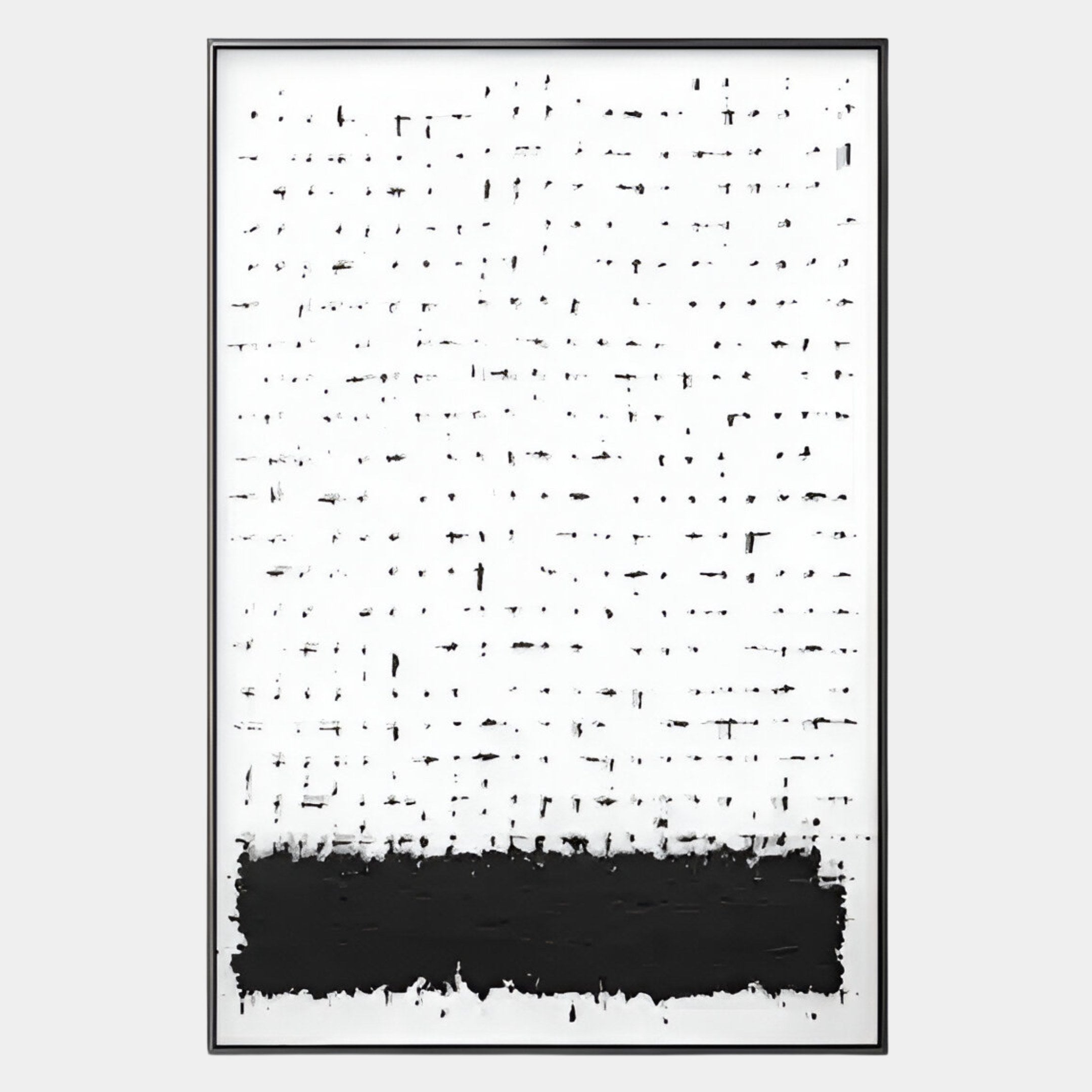 The Ethore Textured Minimalist Silk Art Panel in Black and White by Giant Sculptures features scattered black marks on white with a bold band below, framed in thin black—ideal contemporary wall decor.