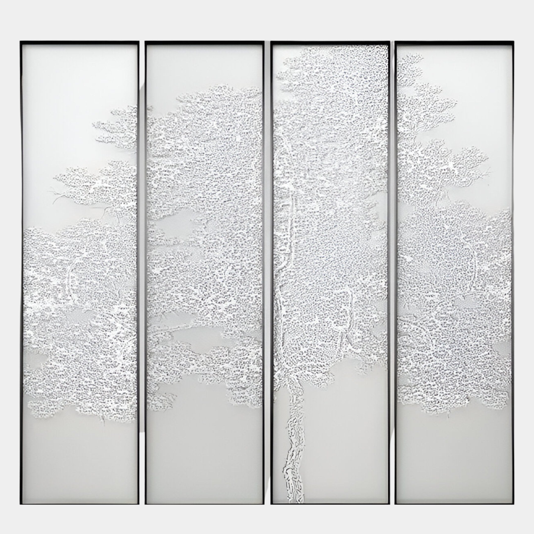 The Etheline Silk Art Wall Panels Nature’s Serenity by Giant Sculptures feature four vertical panels with a delicate white tree motif on a light background, offering a serene, minimalist touch and elegant contemporary appeal.