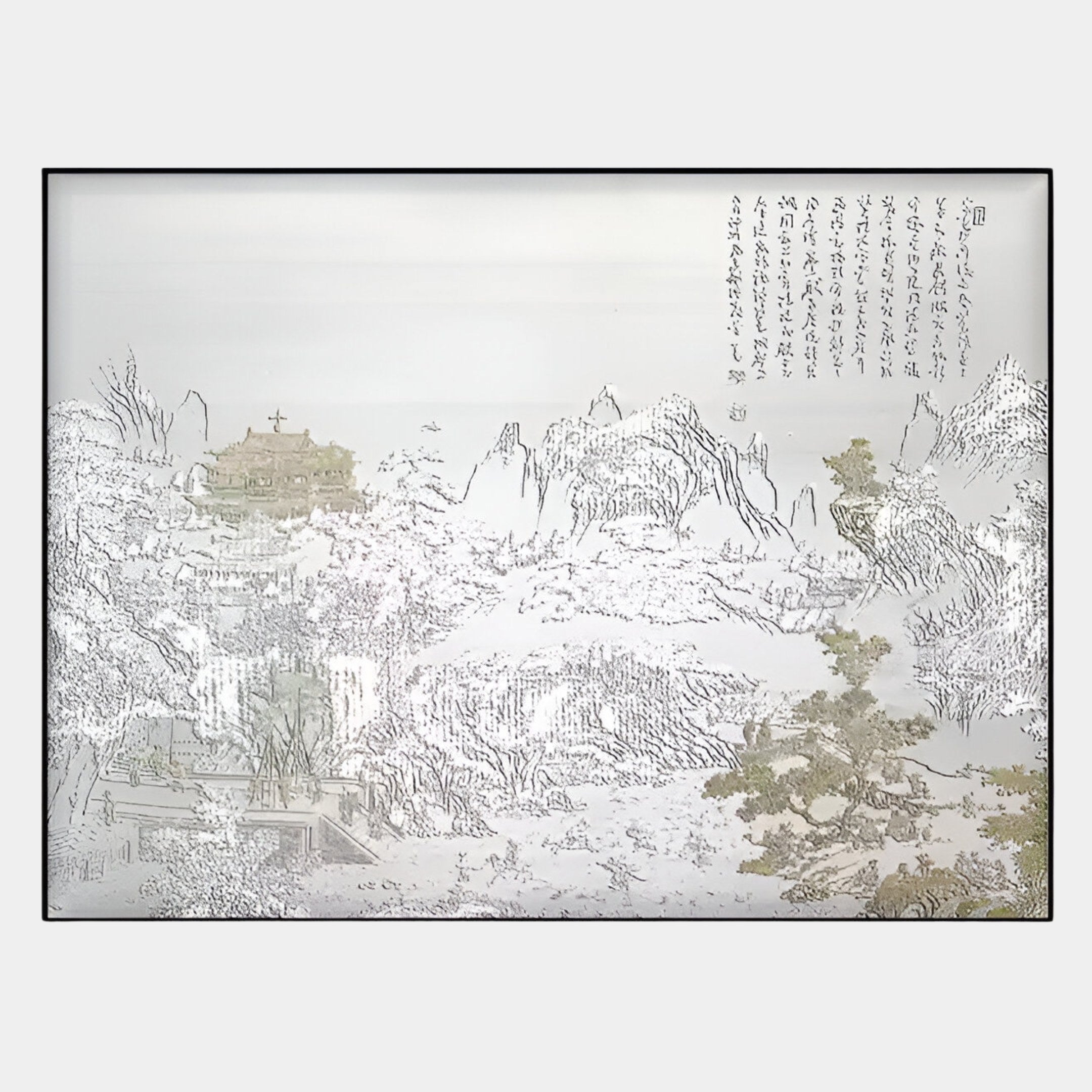 Silvienne Handcrafted Silk Artwork With Radiant Gold Foil Highlights by Giant Sculptures features an ink and wash landscape of mountains, trees, river, and traditional buildings with calligraphy, all accented by elegant gold foil detailing.