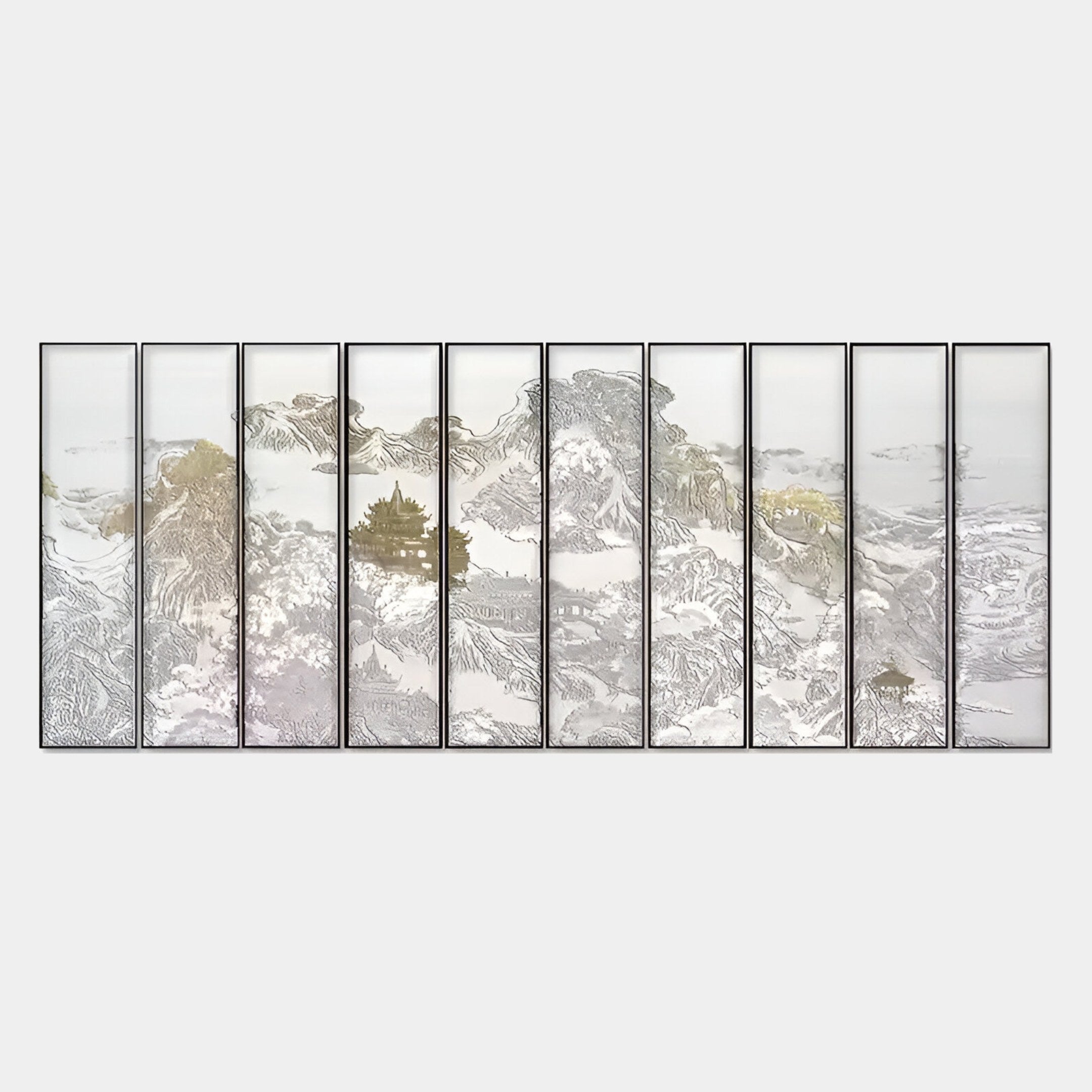 The Silvienne Sophisticated Multi-Panel Silk Wall Art With Gold Foil Highlights by Giant Sculptures features a serene mountain landscape in muted tones and fine lines, blending traditional and modern styles across ten vertical silk panels.