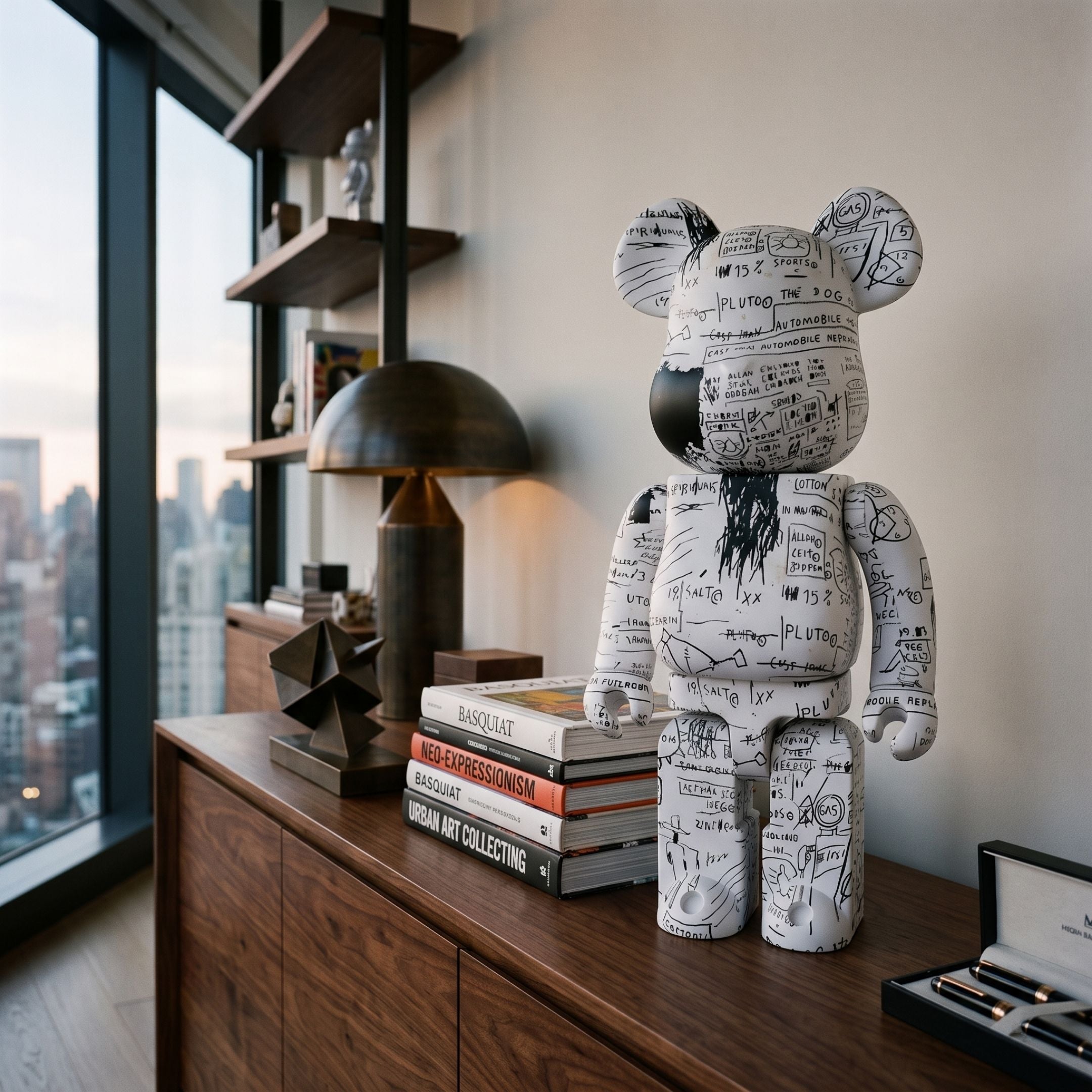 Inkstorm Study Bear Sculpture (70cm) by Giant Sculptures, white bear covered in black sketch linework, displayed on a wooden console beside art books and a cityscape window.