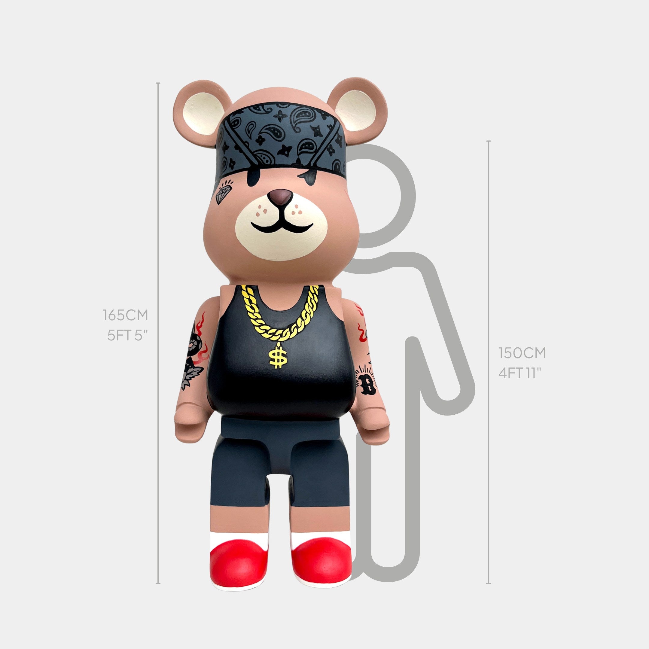 The Giant Sculptures Iron Paw Bear Sculpture - 165cm wears a black bandana, gold chain, tank top, and shorts with tattoos, standing in front of a 165cm height chart next to a human outline measuring 150cm (4’11”).