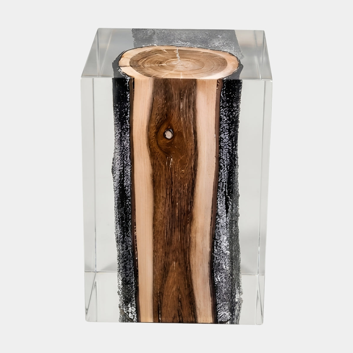 Clear Split-End Bark Log Resin Sculpture, 40cm, by Giant Sculptures, showing black bark flanks around a sawn brown heartwood face with visible end grain, on a plain white background.