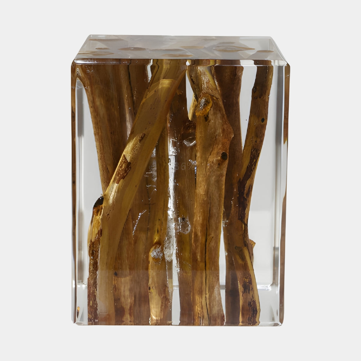Clear Branch Bundle Resin Sculpture - 42cm, bark-covered branches standing upright encased in clear resin, cut ends visible on top, plain white background.