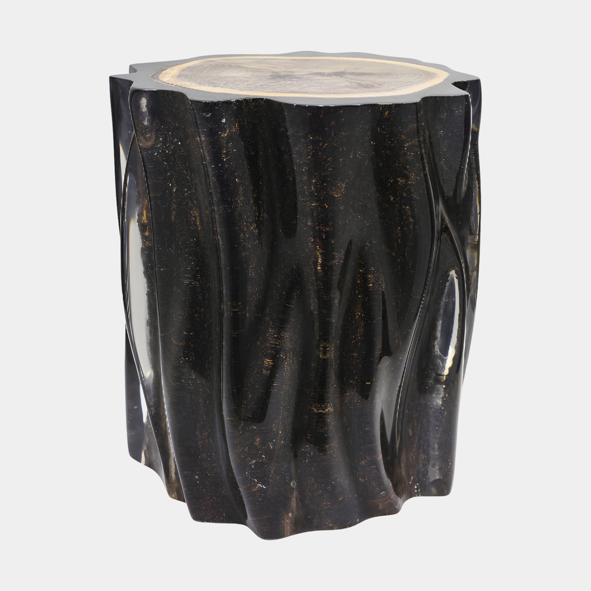 Black Fluted Stump Resin Sculpture, 45cm, with deep vertical flutes, waisted profile, and pale end-grain top, shown on a plain white background.